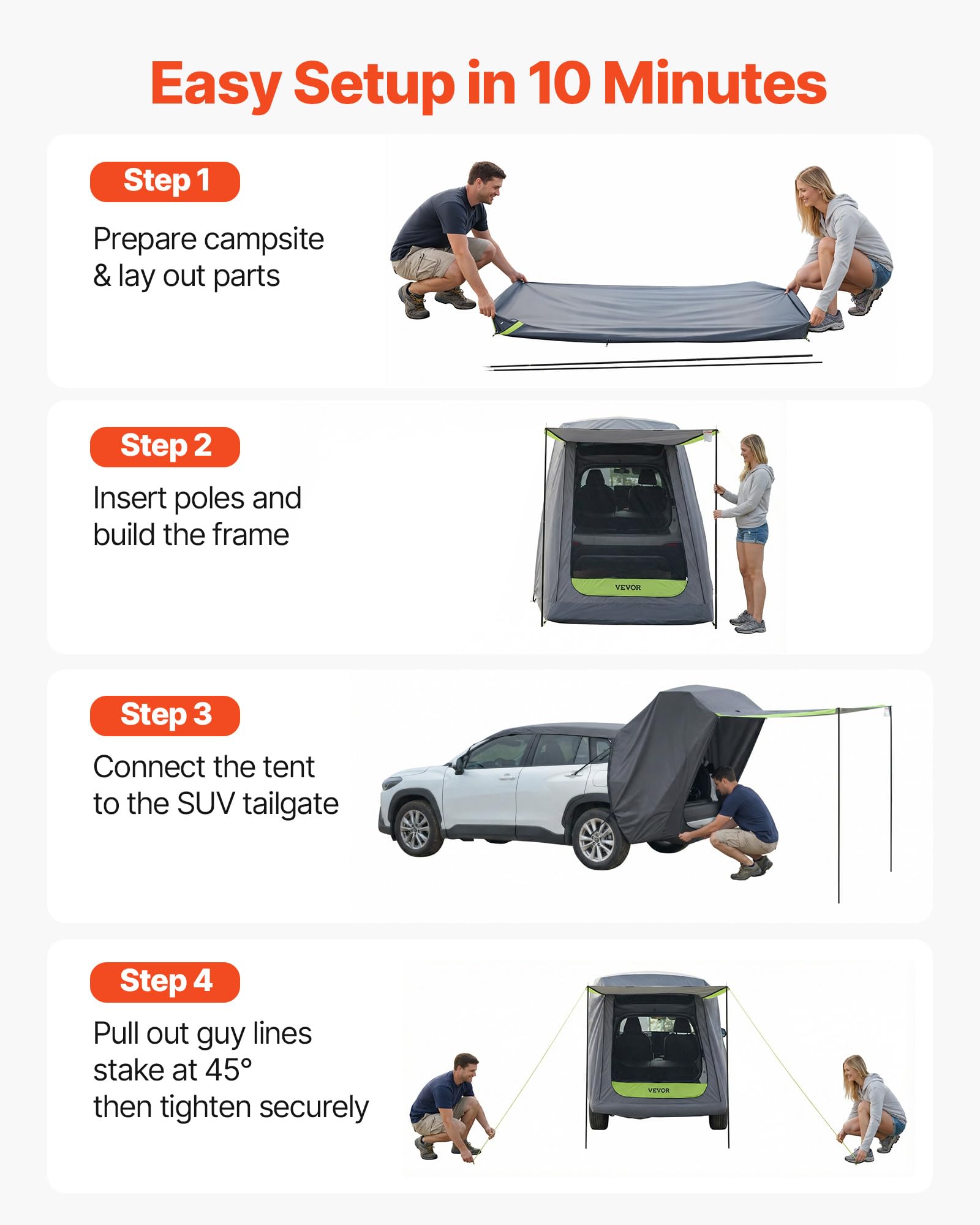 VEVOR Tente de Hayon pour 2 Personnes, Tente Arrière de Voiture SUV Toutes Saisons, pour Camping, Randonnée en Plein Air, Auvent Pare Soleil de Coffre, Imperméable PU2000 mm, avec Sac de Transport
