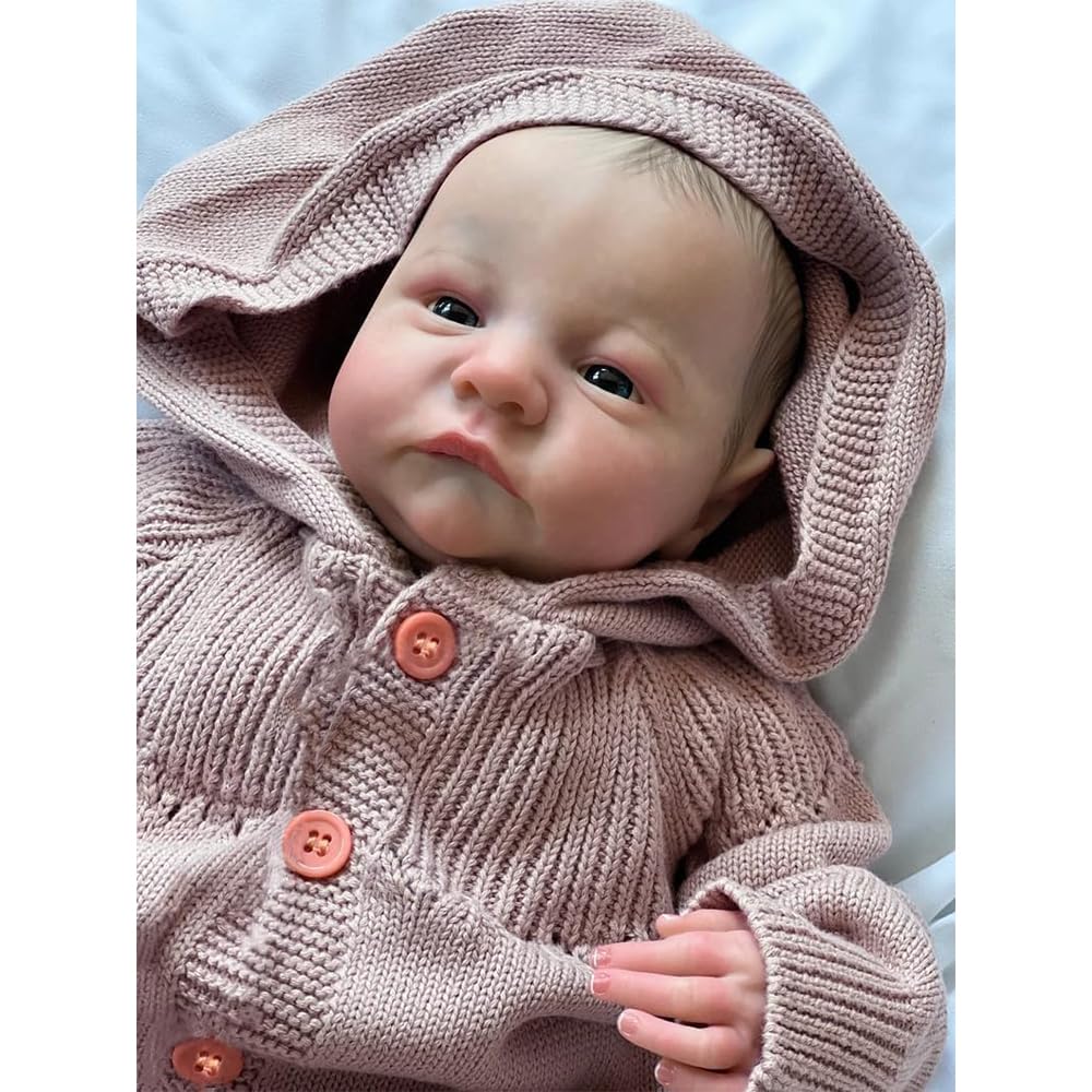 Reborn Babypuppe 45 cm, Vinyl-Material, 18 Zoll Lebensecht Baby Puppen Hellbraun Gestricktes Outfit, Sammlerpuppe für Erwachsene Handgefertigt Babypuppe mit Zubehör für Kinder ab 3 Jahren