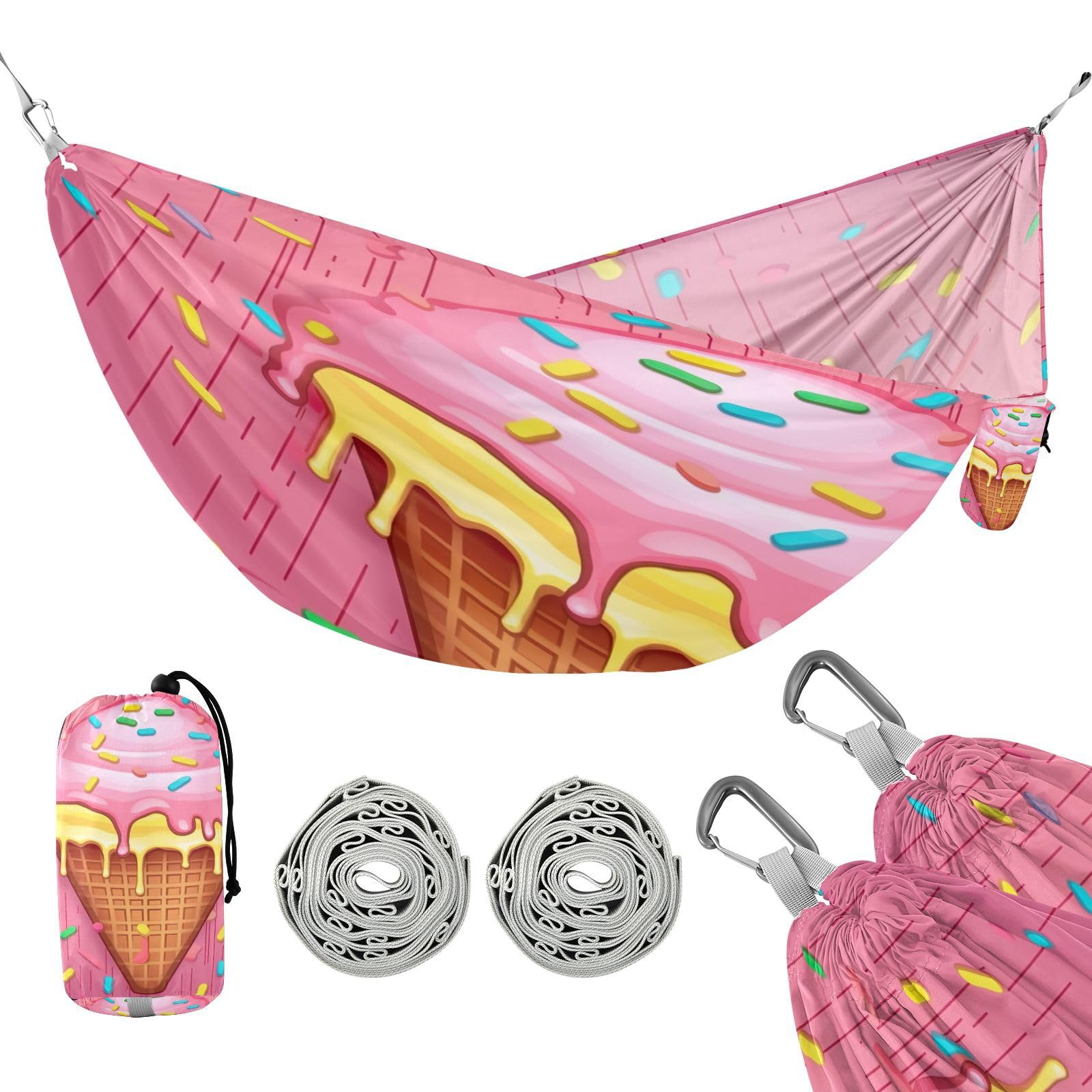 Haskirky Ice Cream Camping Hammock, Single Portable Hammocks with Tree Straps & Attached Carry Bag, 330Lbs Capacity Perfect for Outside Indoor Hiking Beach Backpack Travel