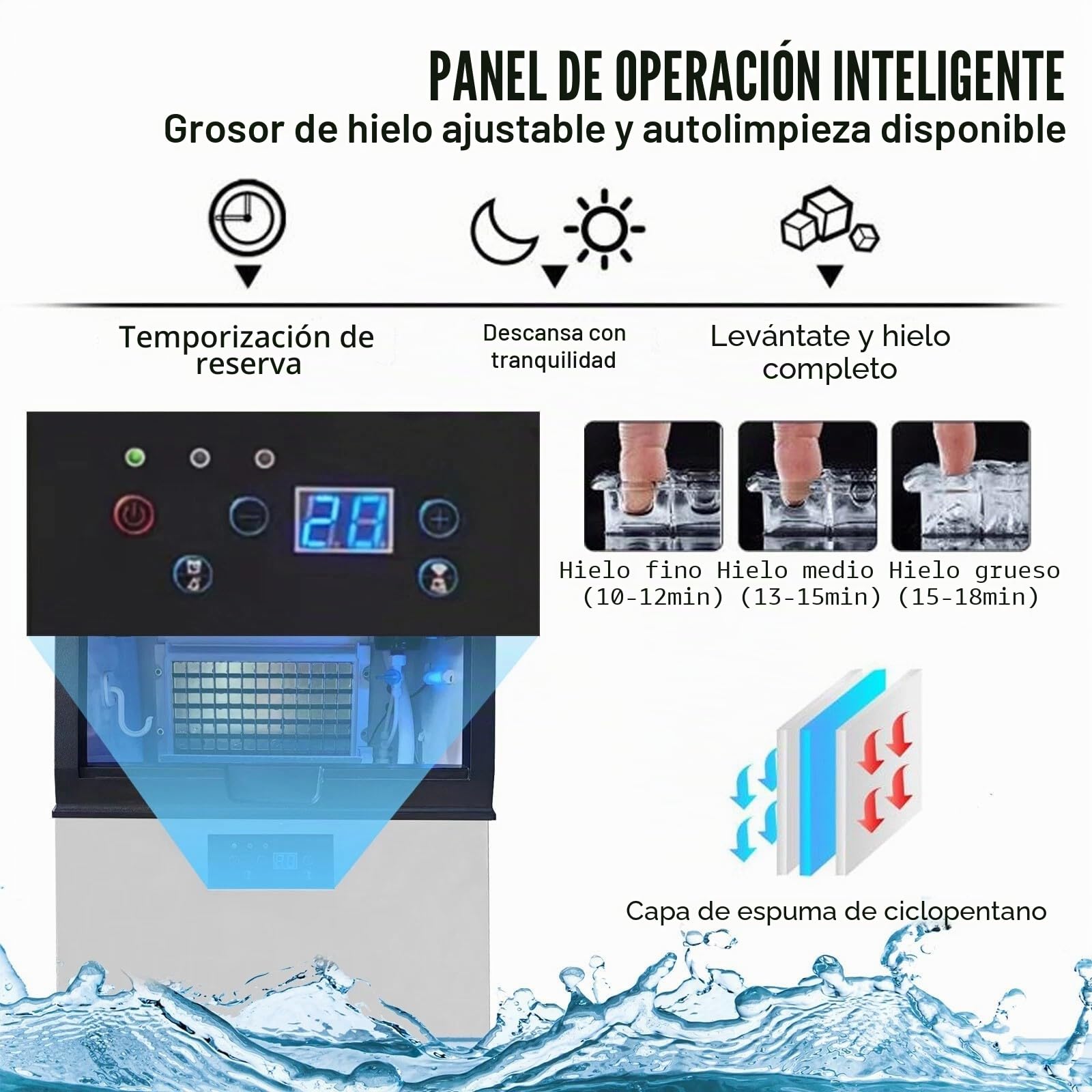 Máquina de Hielo Comerciales 60KG/24H Máquina para Hacer Hielo Industrial Panel de Control LCD Inteligente,para Cafeterías,Bares,Hoteles