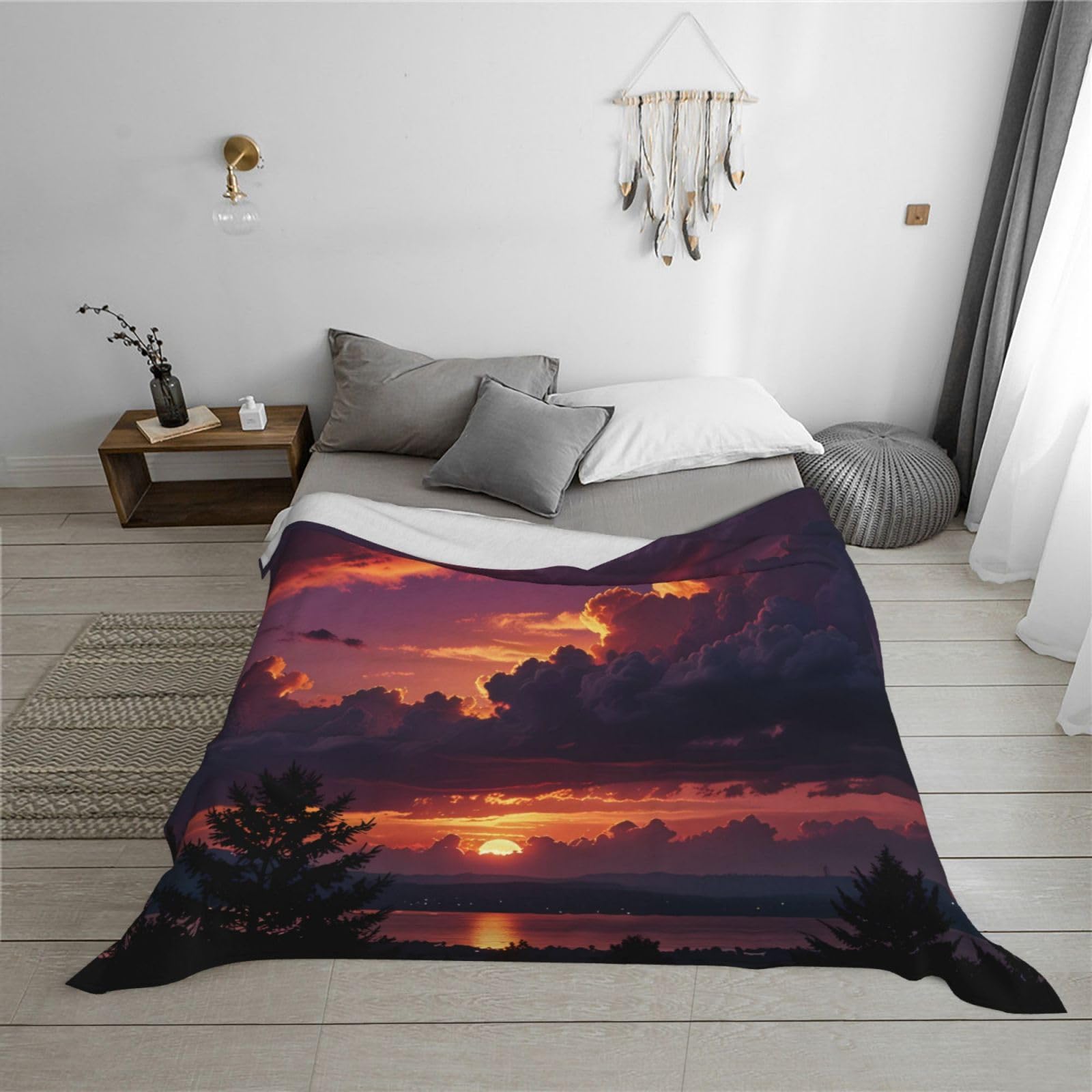 Manta de franela estampada Purple Sky Sunset de 80 x 60 pulgadas, 30-80 pulgadas. Una manta cálida para uso doméstico en otoño y una manta de viaje portátil.