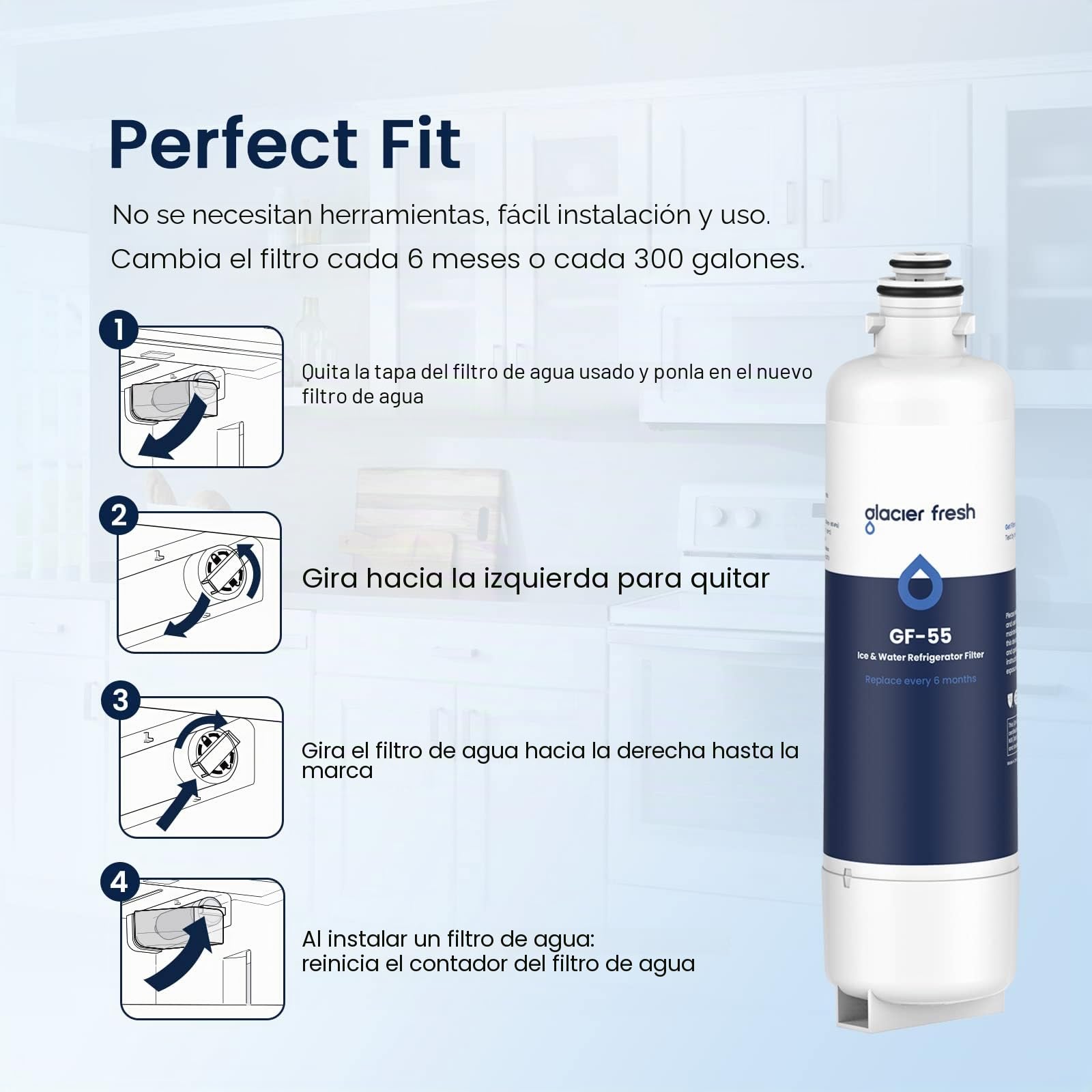 GLACIER FRESH 12033030 Repuesto para filtro de agua para refrigerador Bosch 11032518 Ultra Clarity Pro BORPLFTR50, compatible con 11025825, 12028325, 11032531, BORPLFTR50 (1)