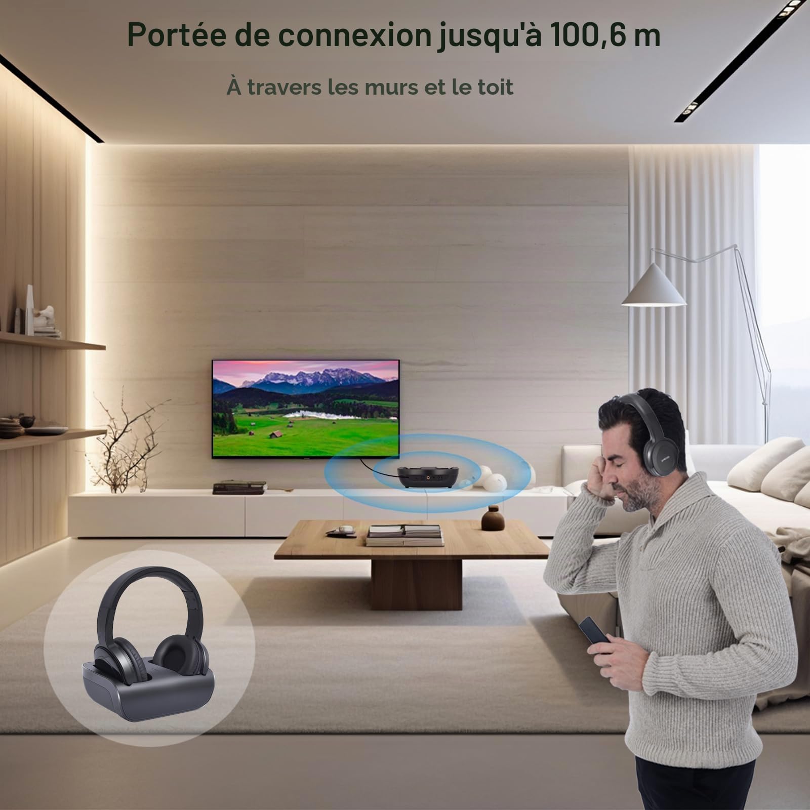 Casques TV sans Fil avec Émetteur, on-Ear Casque Audio sans Fil pour Television avec Station de Chargement, Capacité de Batterie de 10Hrs, sans Latence, portée 100m (Numérique Optique Aux RCA)
