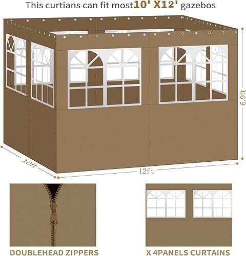 Miniatura 4 de Cortinas de privacidad Gazebo de 10 x 12 pies con ventanas de PVC, pared lateral de 4 paneles con cremallera, reemplazo universal para patio, toldo