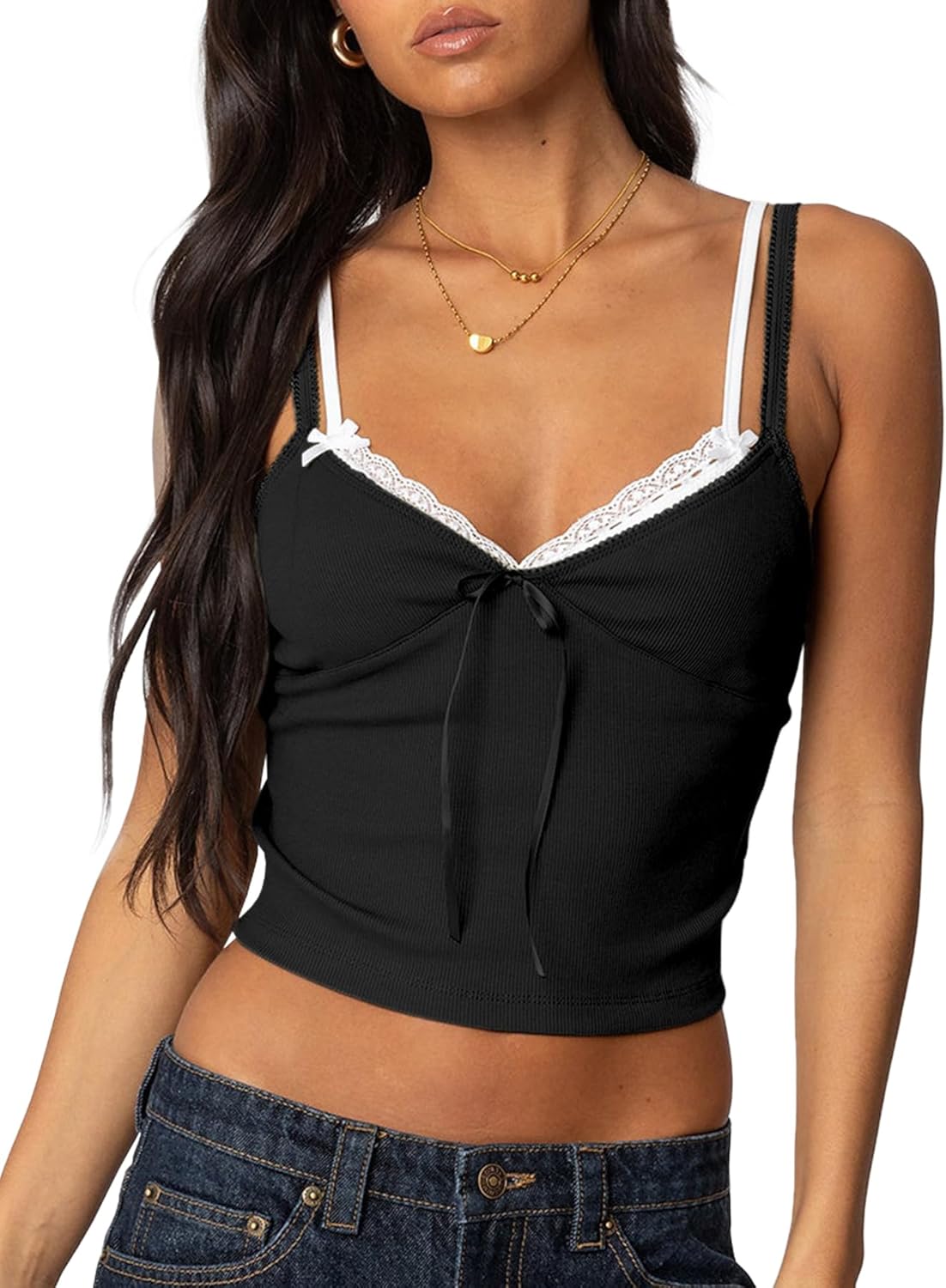 Women Lace Trim Camisole Tops Spaghetti Strap Tank Top Ribbed Knit Slim Fit Cami Shirt Bralettes