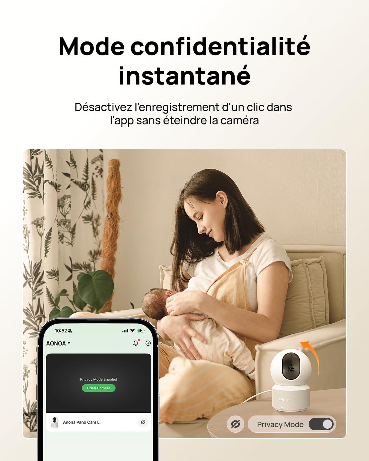 Anona 4K(8MP) Caméra Surveillance WiFi Intérieur, 360° Suivi Auto, Sécurité Bébé/Chien/Animaux avec App, WiFi 6 Bi-Bande 2,4/5GHz, Détection IA Humaine/Pleurs, Mode Privé, Audio 2-Voies, Lot de 1
