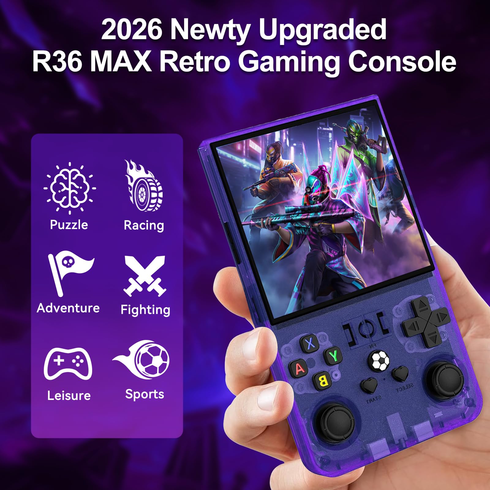 R36MAX - Console da gioco retrò, schermo IPS da 4,0 pollici, memoria 128 GB, 22.000 giochi preinstallati, batteria da 4000 mAh, console portatile per bambini - Viola