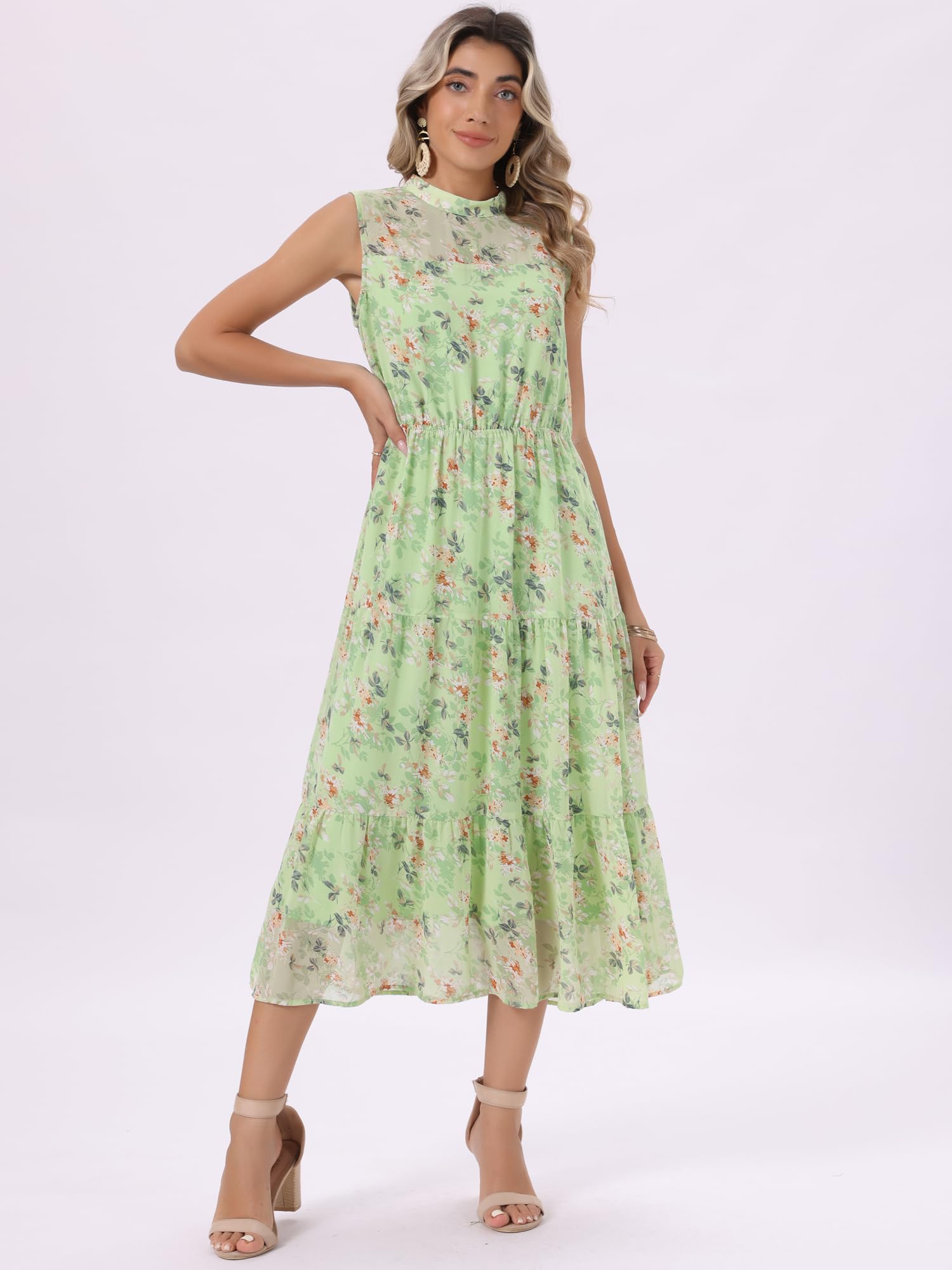 Seta T Abito estivo da donna in chiffon floreale, senza maniche, con collo alto, abito midi per feste di nozze
