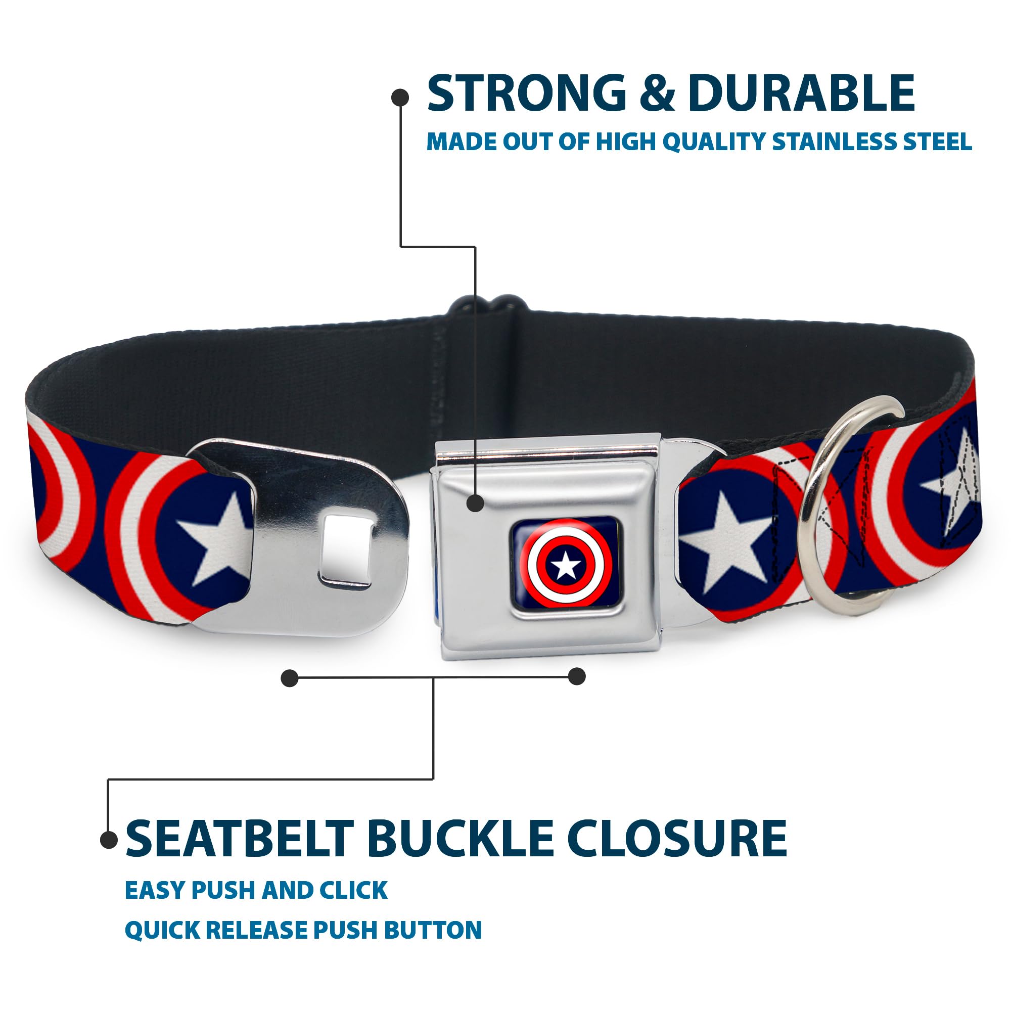 Buckle-Down Collare per Cani con Fibbia per Cintura di Sicurezza, Modello Capitan America, Blu Navy, Largo 2,5 cm, Adatto per Collo da 38 a 66 cm, Taglia L