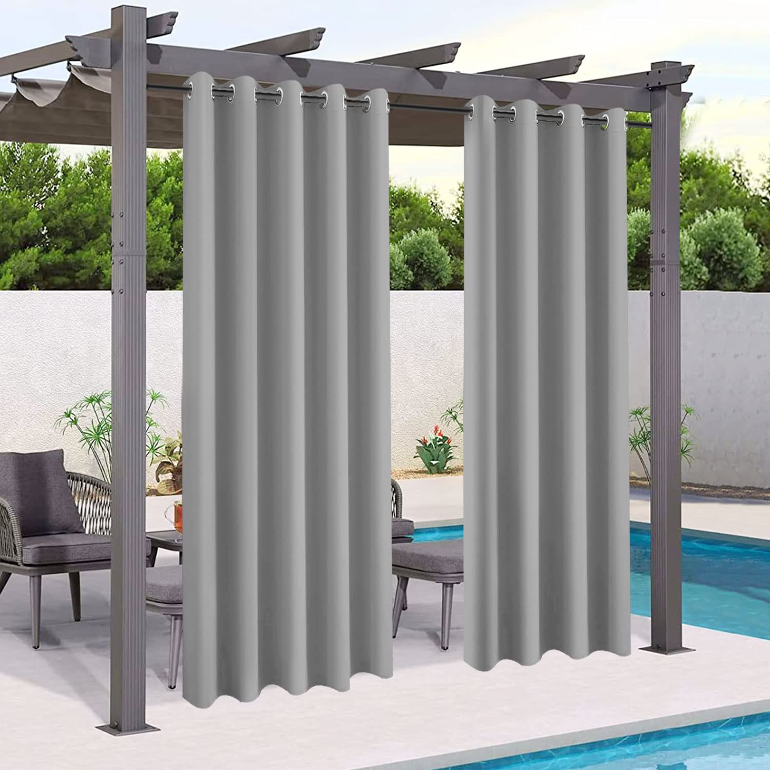 Cortinas de exterior impermeables color gris claro 132x213 cm con ojales para pérgola de jardín