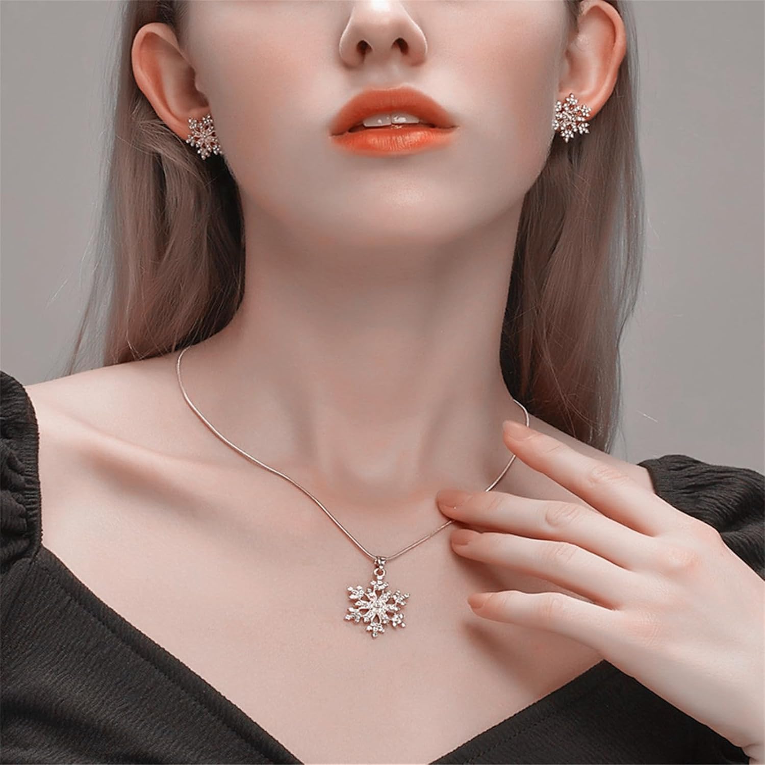 Christmas Snowflake Jewelry Set Gold Silver Plated Vintage White Frozen Ice Flower Sparkly Crystal Rhinestone Chain Necklace Earrings for Women Wedding Bridal Xmas Party New Year Winter Holiday Jewelry - Image 2