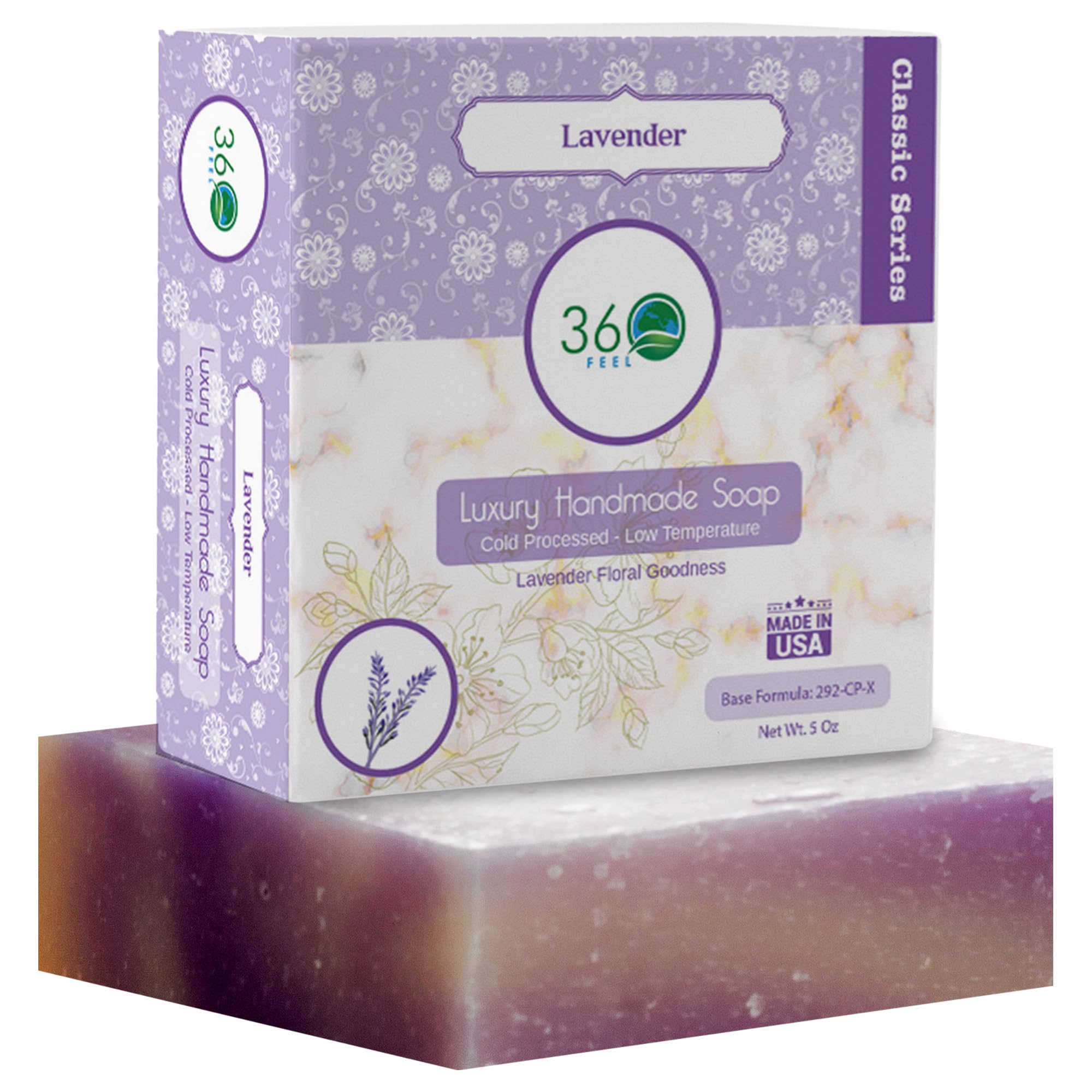 360Feel Lavender Soap -5oz Castile Handmade Soap bar - Lavender floral fragrance - Pure Lavender Essential Oil Natural Soaps- Great as Anniversary Wedding Gifts Christmas stocking stuffer