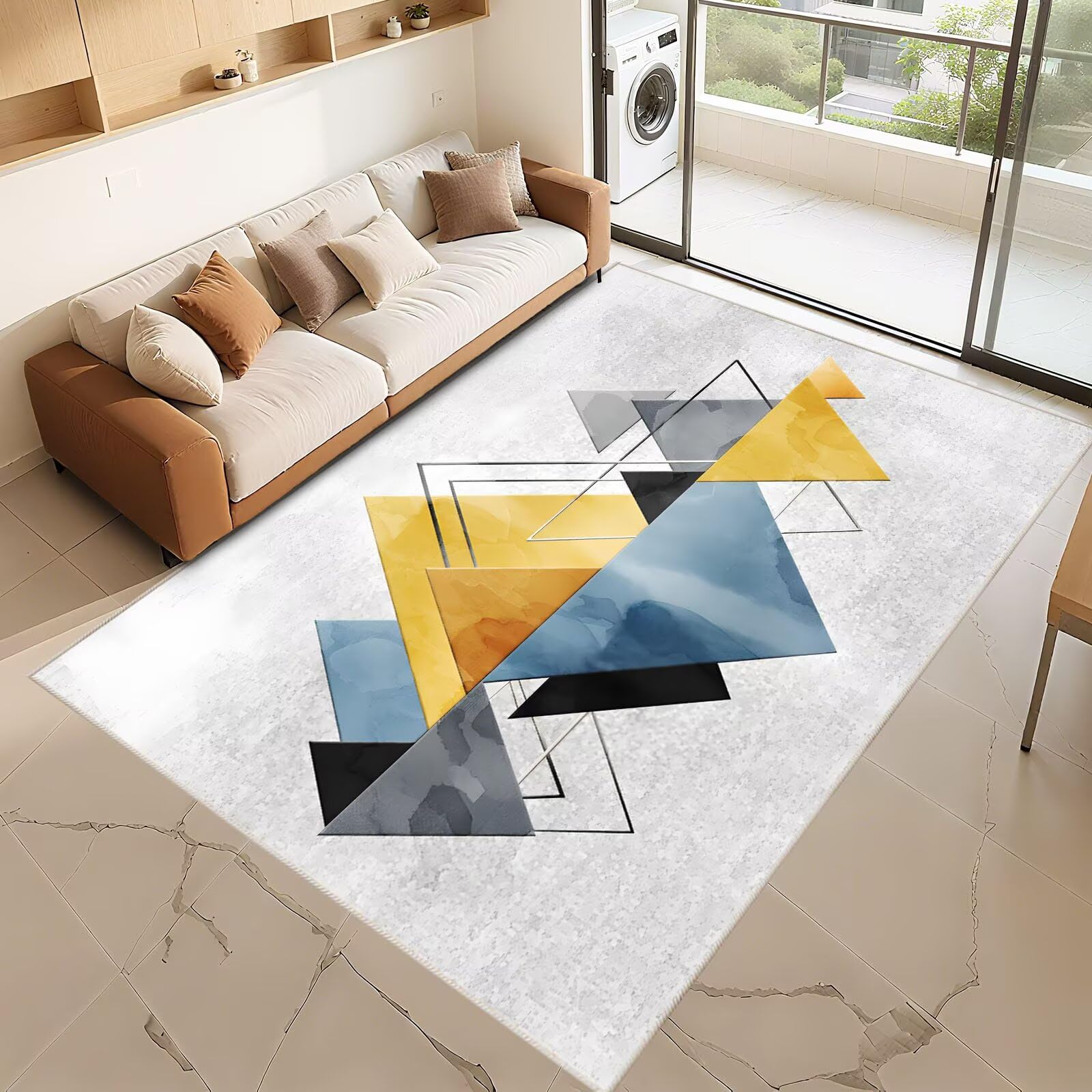 Waschbar Bettvorleger Schlafzimmer Teppich Grau 140x200cm, Grüner Blaue gelbe Moderne geometrische Muster für Wohnzimmer Büro