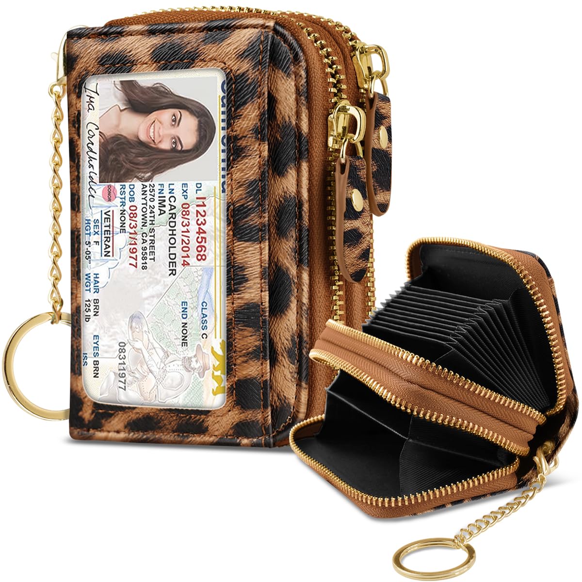 Simikol Double Zipper Card Wallet Credit Card Holder Leopard Brown Leather Small Cute Card Wallet for Women with Keychain, Leopard