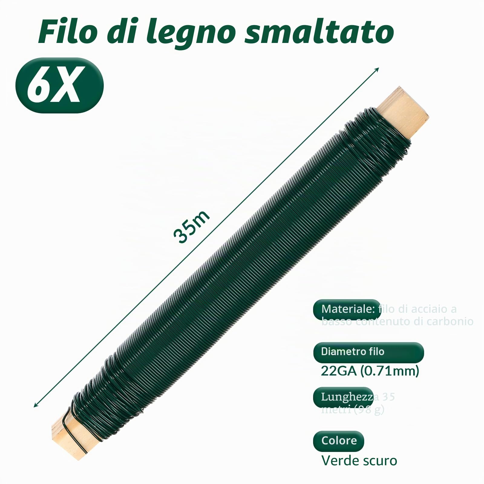 Filo di Ferro Verde per Fiori Set 6 pezzi – 0,70 mm x 35 m Fili per Avvolgere Fiori, Filo Zincato Sottile per Bricolage e Giardinaggio su Rocchetto in Legno, per Fissare Piante, Fiori