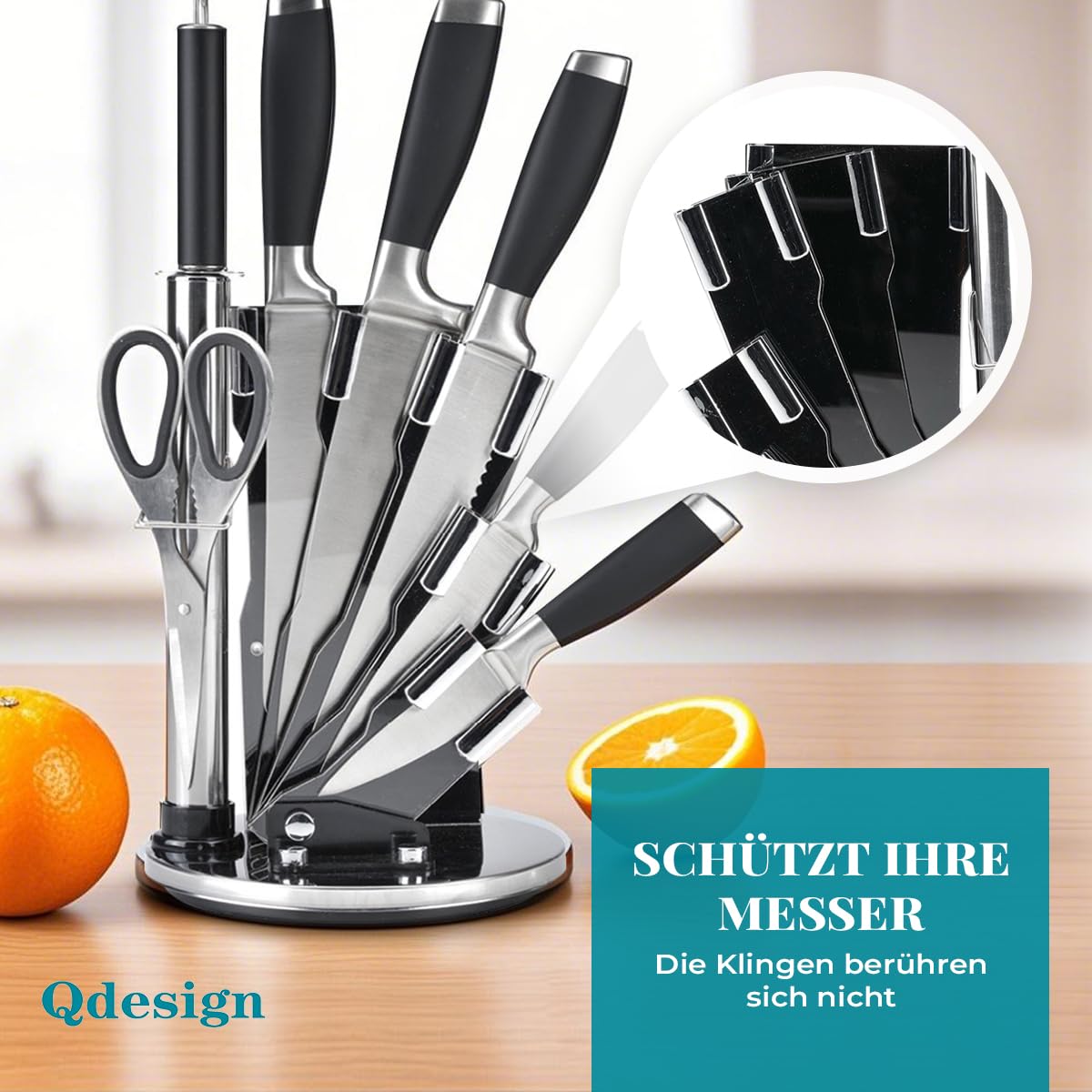 QDESIGN 360° drehbarer Messerhalter aus Acryl + 7 Küchenhelfer-Set – Klingen aus 3CR14-Edelstahl + Soft-Touch-Griffe – 5 Messer + Schere + Basisblock + Wetzstahl – Schwarz/Silber