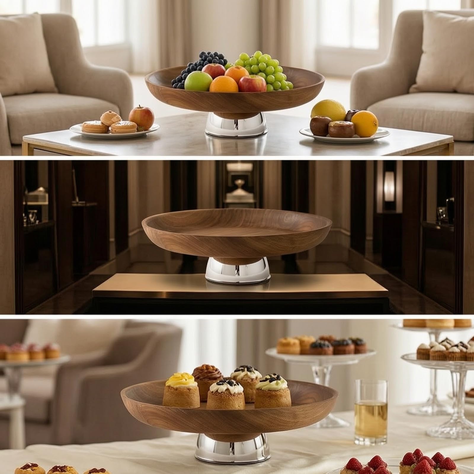 Plato Industrial Frutero con Pedestal Fuente Centro de Mesa Bandeja Madera Amplia y Base Elevada de Acero Presentación Elegante Adecuado para Dulces Snacks Hogar Recepción 31x31x10cm