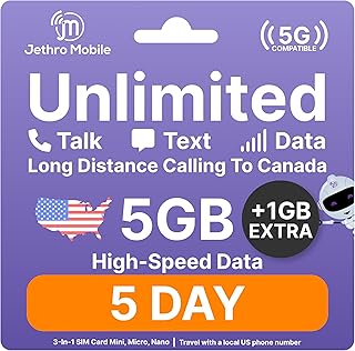 Jethro Mobile USA Travel SIM Card (5 Days), Unlimited Talk/Text/Data (5GB High-Speed), Quick Activation, Calls to Canada Unlimited, 3-in-1 Size Sim Kit