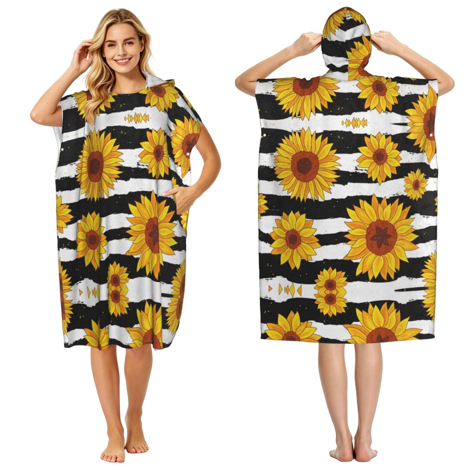 Stylish Sunflowers Print Changing Robe, Hooded Towel Poncho For Swimming Pool, Beach,Quick Dry Light Weight Towelling Poncho