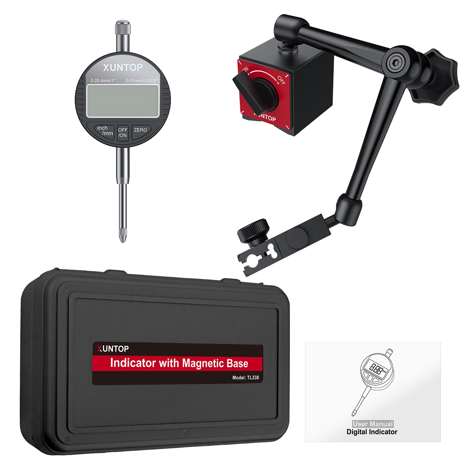 XUNTOP Comparatore digitale Comparatore Digitale Comparatore Quadrante Digital Dial Indicator - Base Magnetica 80KG Supporto Magnetico Braccio Articolato Flessibile Kit Comparatore Precisione 0.01mm