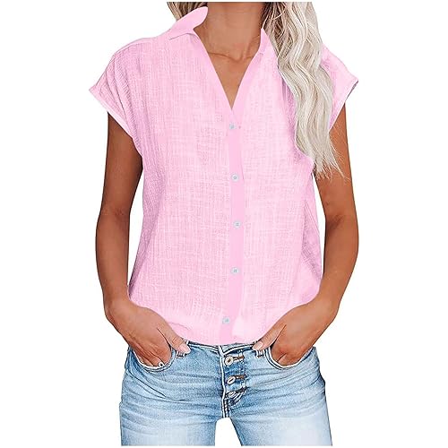 Cotton Linen Tops for Women V Neck Half Button Down Blouse Summer Work Vacation Clothes 2025 Casual Cap Sleeve Shirt