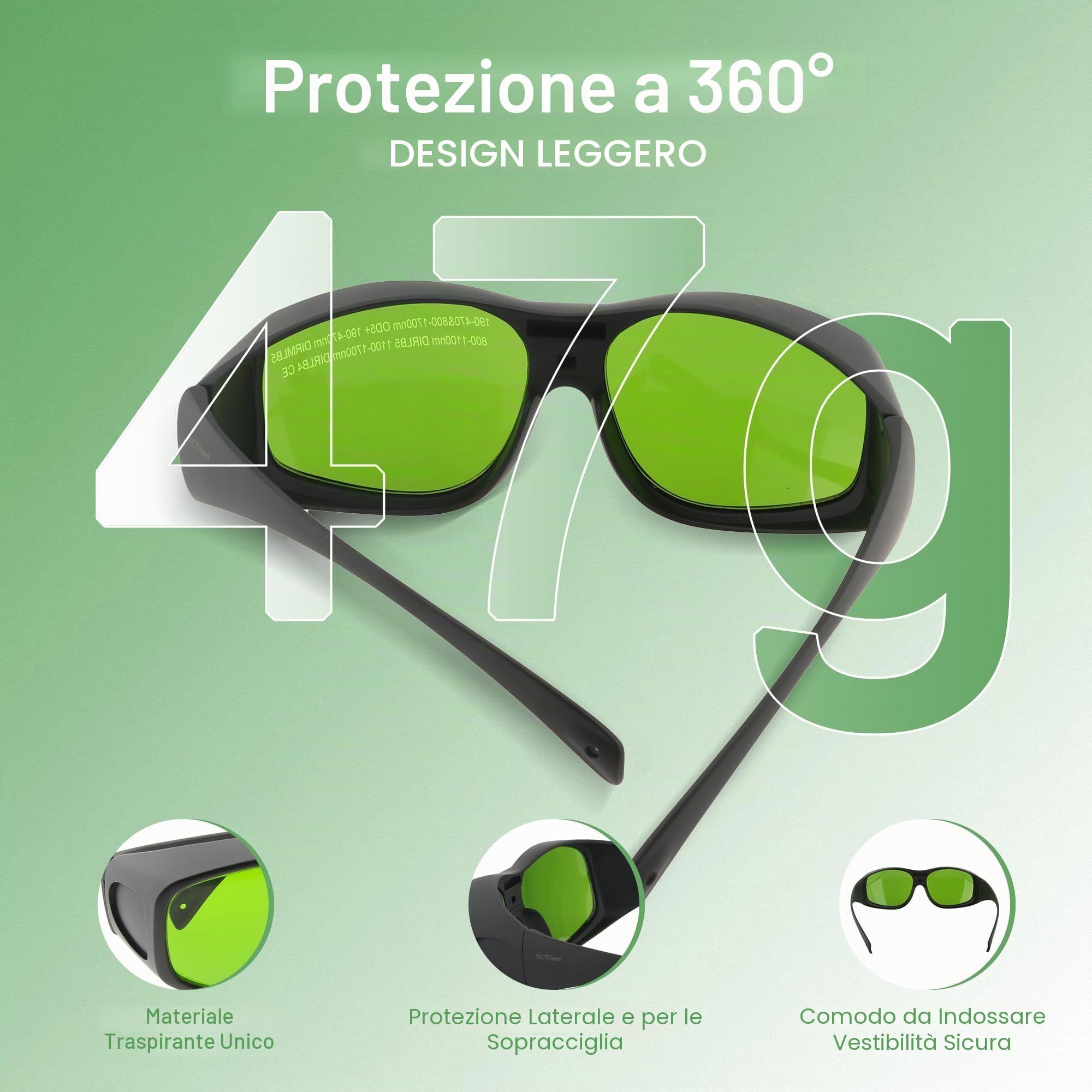 MCWlaser Occhiali di Protezione Sicurezza Laser 190-470nm & 800-1700nm OD5+ per ND:Yag, Diodo, fibra, Blue, Green Laser 355nm 405nm 445nm 450nm 455nm 808nm 980nm 1064nm Tipo assorbimento EP-8