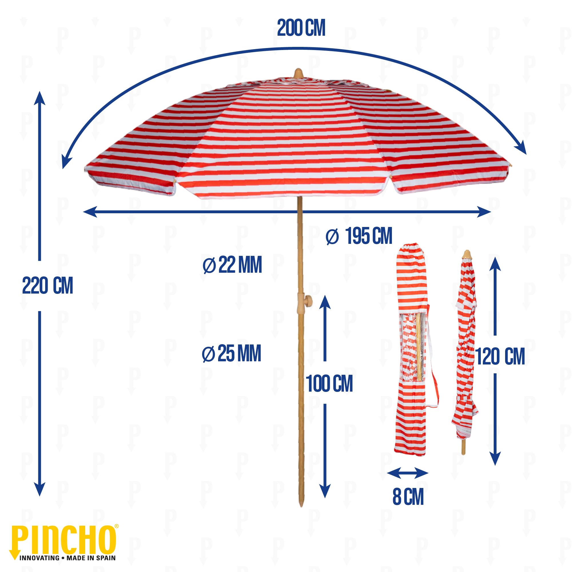 Pincho Grand parasol de plage anti-vent avec protection UV50+, tube en aluminium et 8 baleines en fibre de verre, inclinable avec fenêtre supérieure, embout en aluminium