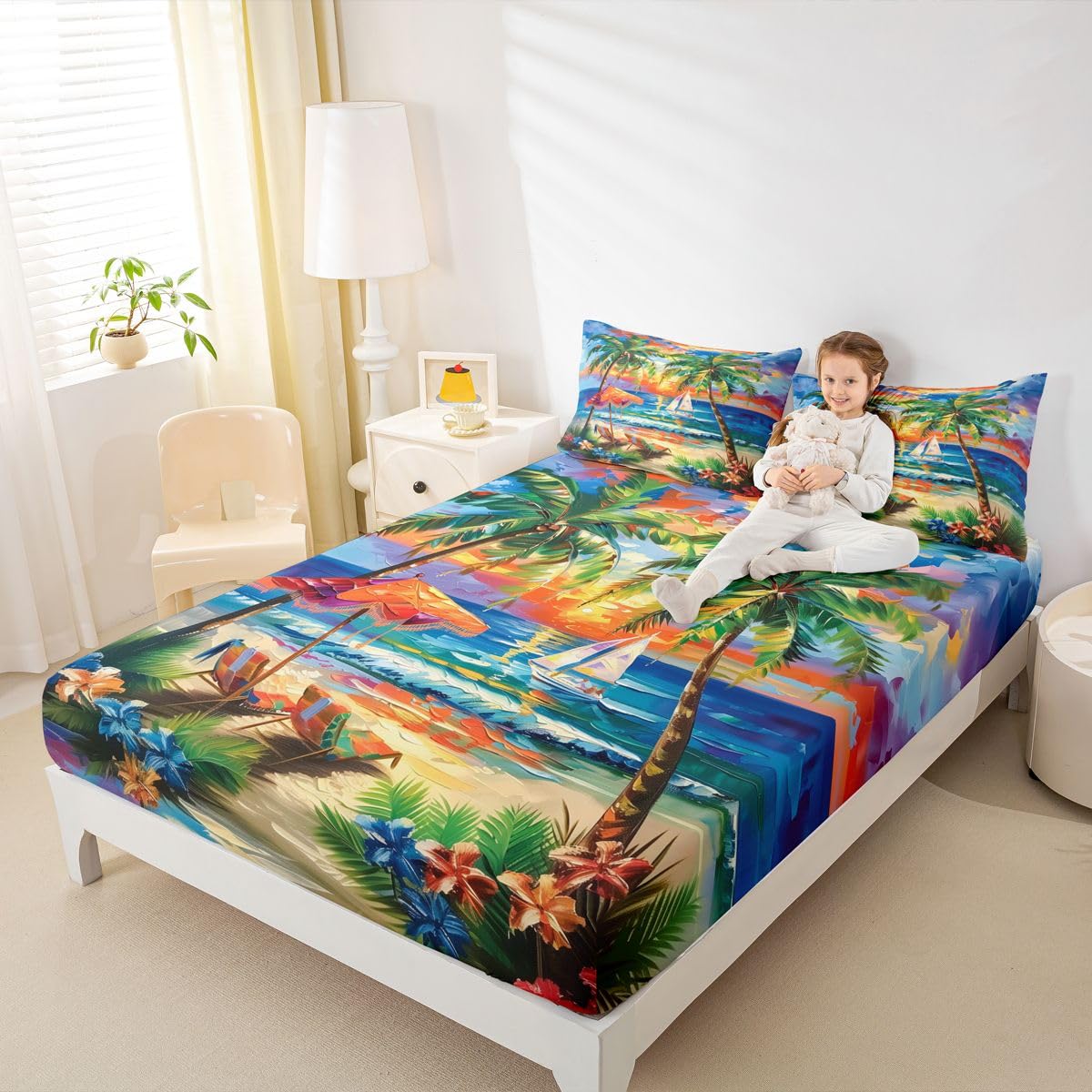 Juego de sábanas bajeras de playa tropical, tamaño King, con palmeras y sillas de playa, decoración de habitación para niños, adolescentes y adultos, juego de ropa de cama con diseño de velero