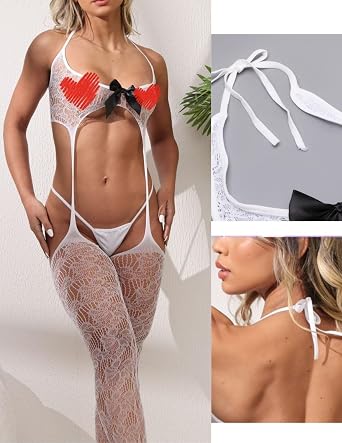 Womens Fishnet Bodystocking 3 Piece Bowknot Halter Lingerie Set | Garter Belt Stockings and Panties Hollow Out Lace Teddy Bodysuit Backless See Through Mesh Naughty Babydoll Nightwear Outfits
