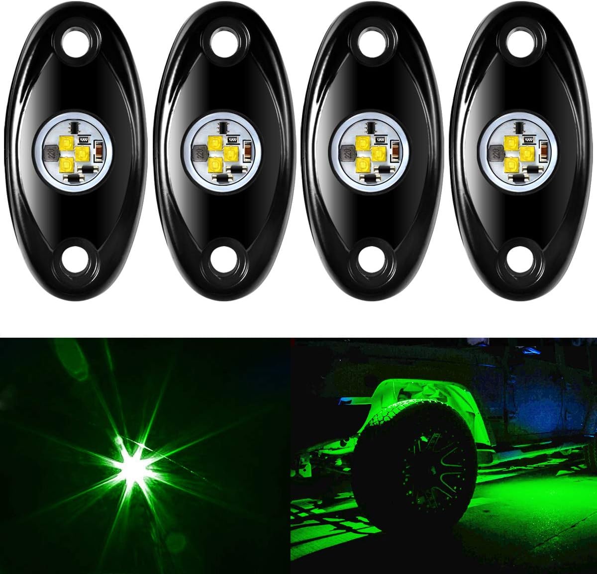 4 Pods LED Rock Light Kit for ATV SUV Offroad Car Truck Boat Underbody Glow Trail Rig Lamp Underglow LED Neon Lights Waterproof - Green