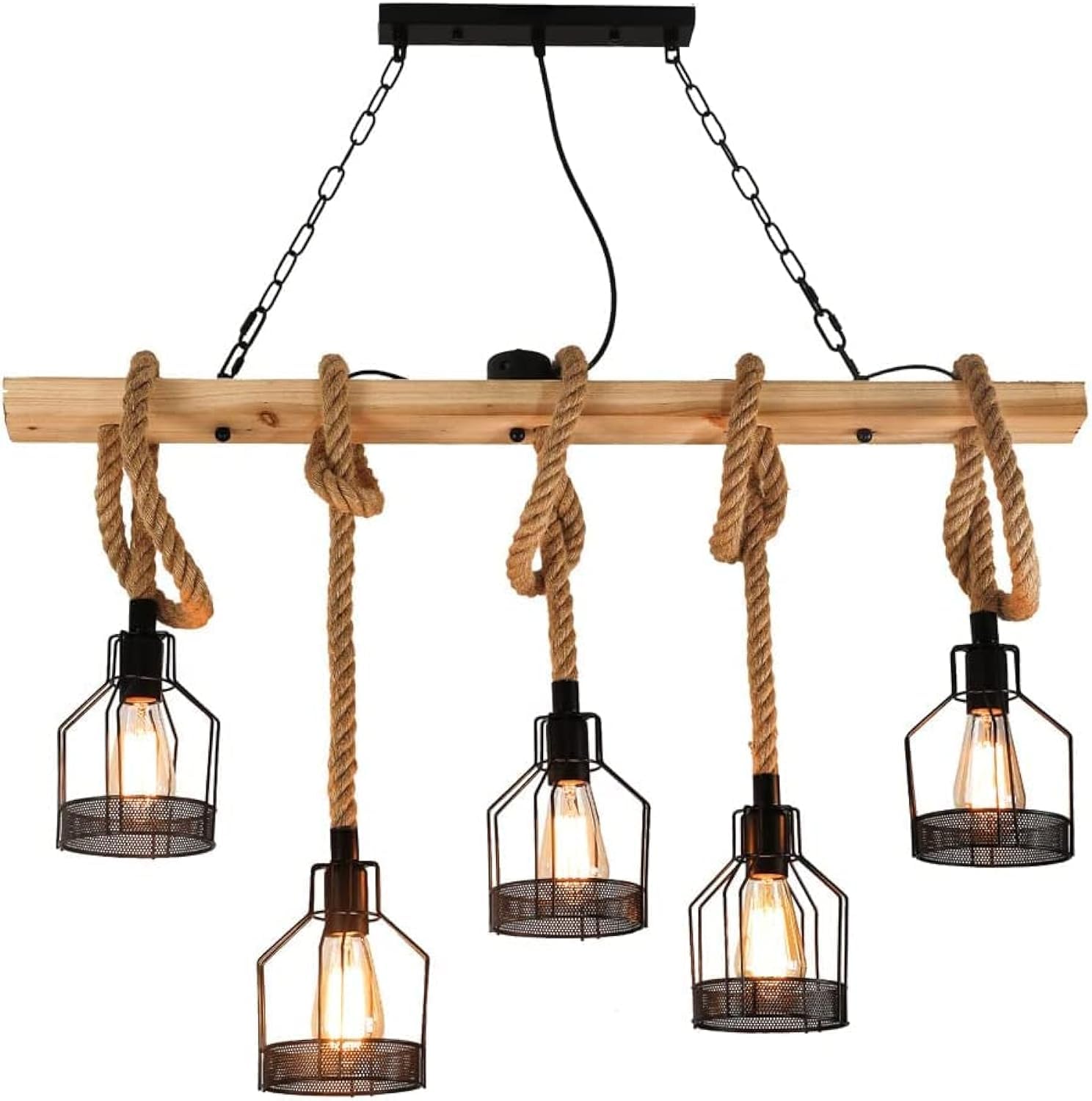 HUA QIANG WANG Retro 5-Light Farmhouse Hemp Rope Chandelier Rustic Ceiling Lighting Industrial Wood Metal Hanging Lamp Vintage Pendant Light Fixture for Living Room Dining Room Bedroom Kitchen Island