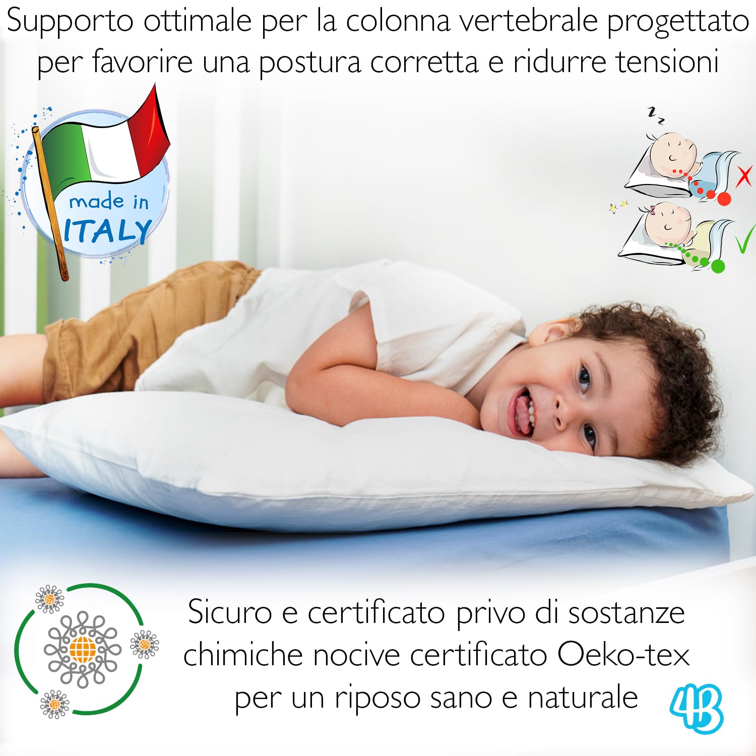 4BABIES - Cuscino Lettino Bambino 40x60, Cuscino per Bambini Traspirante Anallergico con rivestimento in Cotone 100% Italiano, Antiacaro Ipoallergenico per culla
