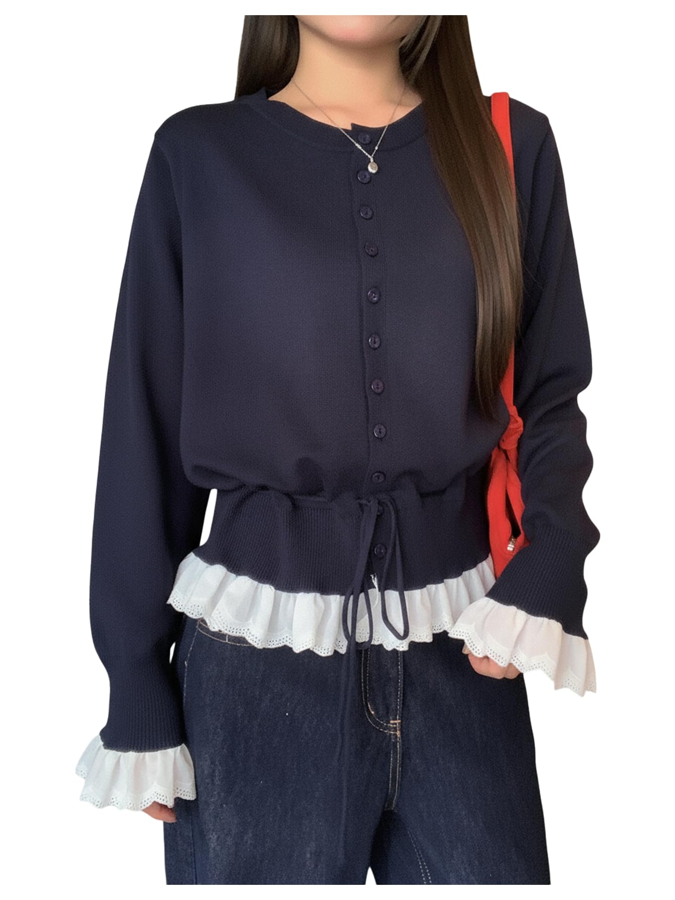 Floerns Womens Long Sleeve Fall Cardigans Crewneck Button Ruffle Trim Sweater Tops