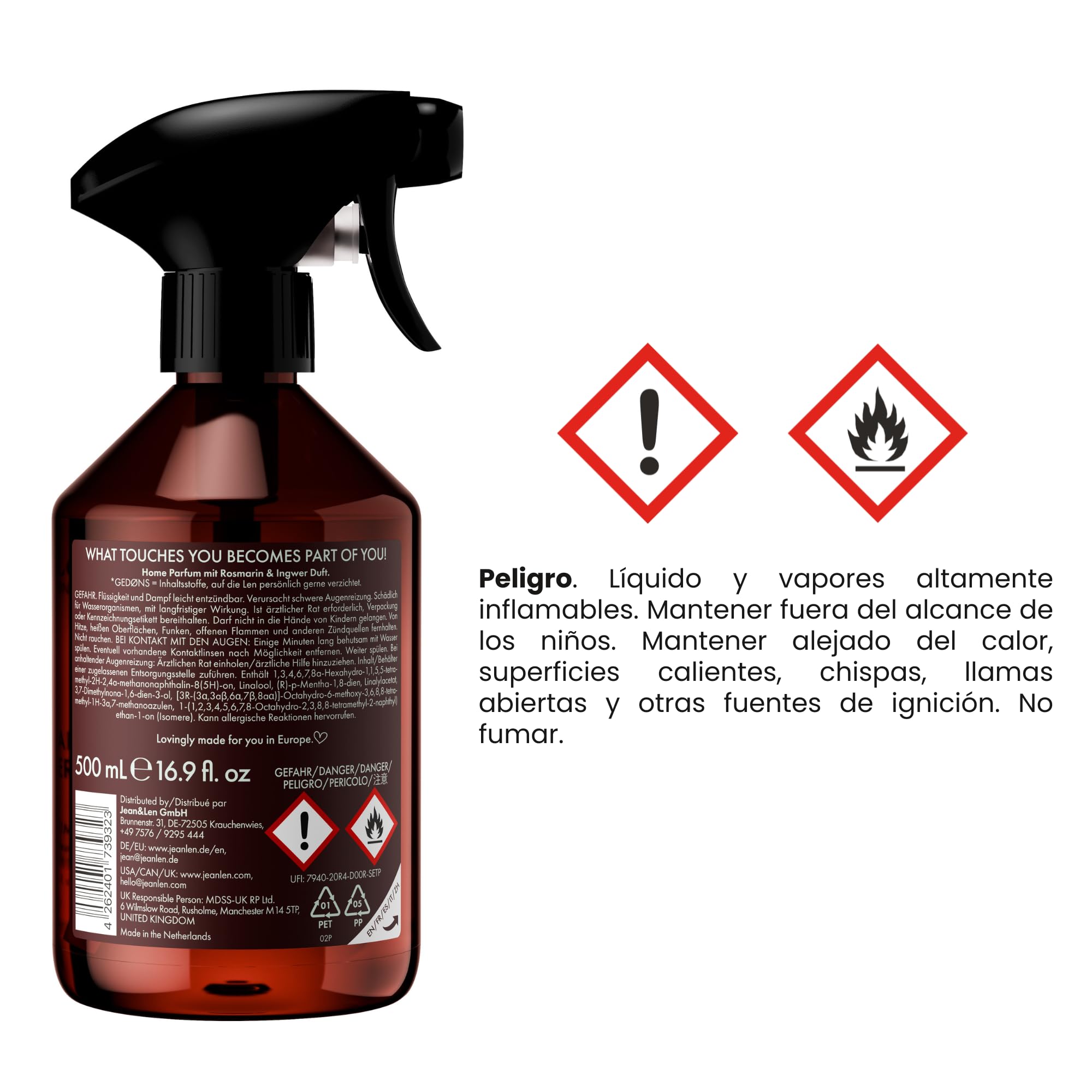 Jean & Len Home Perfume Rosemary & Ginger, ambientador con aroma especiado y fresco, refresca con un solo pulverizado, spray de ambiente de diseño minimalista, 500 ml