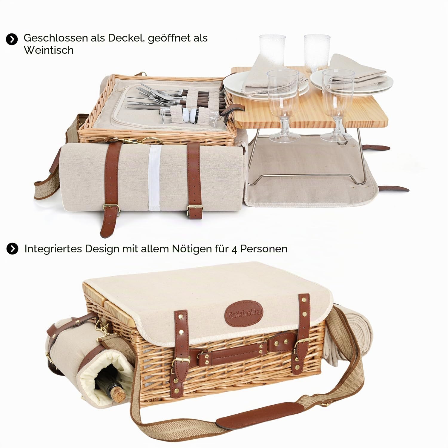 Multifunktionales Picknickkorb-Set aus Weidengeflecht für 4 Personen mit Decke und Picknicktisch, isoliertes Picknick-Set mit vollem Geschirr für Camping, Outdoor-Paare, Natur