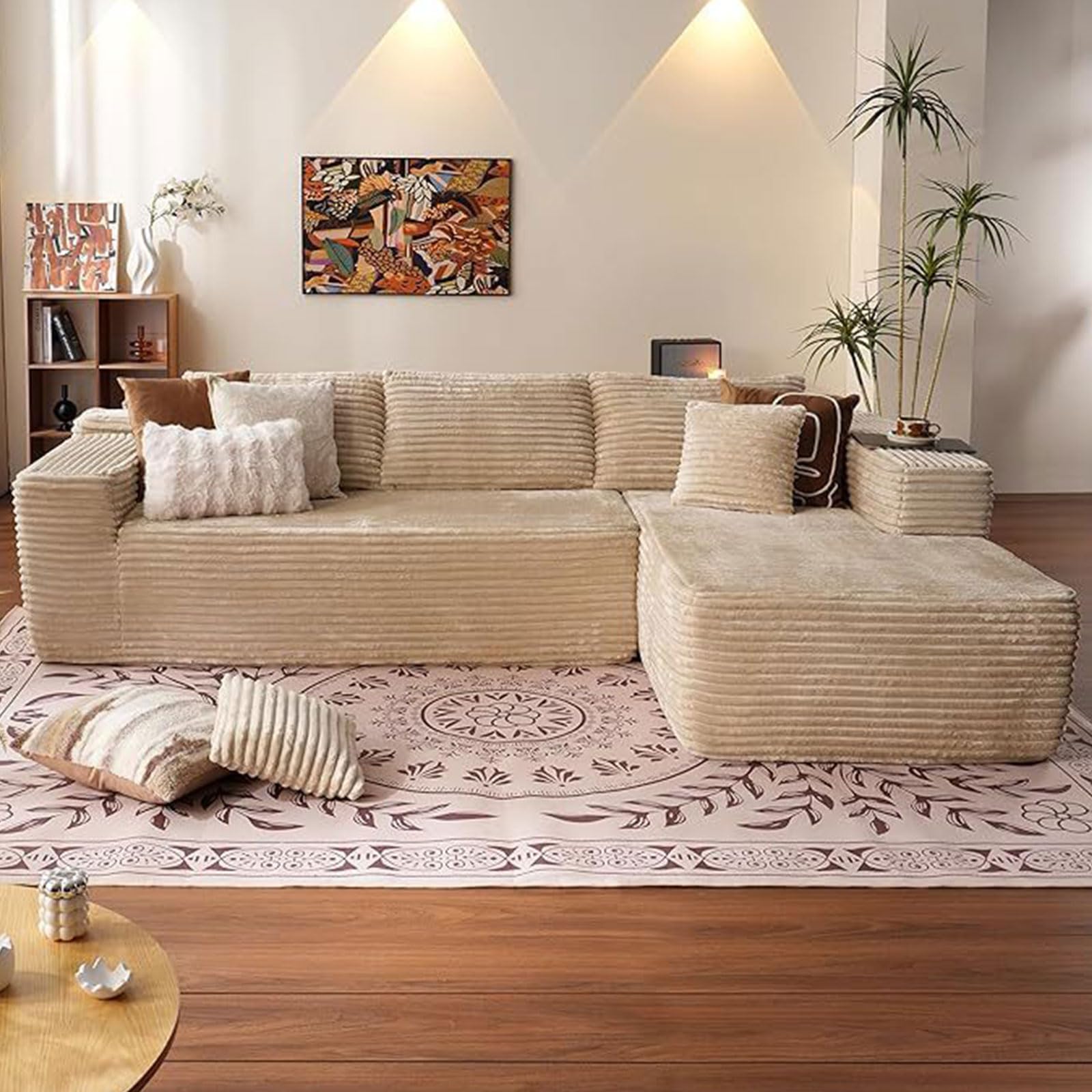 Sofa Modular 265 Cm, Sofa Comprimido Al Vacio con Cuatro Cojines Y Reposabrazos con Respaldo Acolchado, Tela De Pana, Sofá En Forma De L para Sala Y Dormitorio Beige