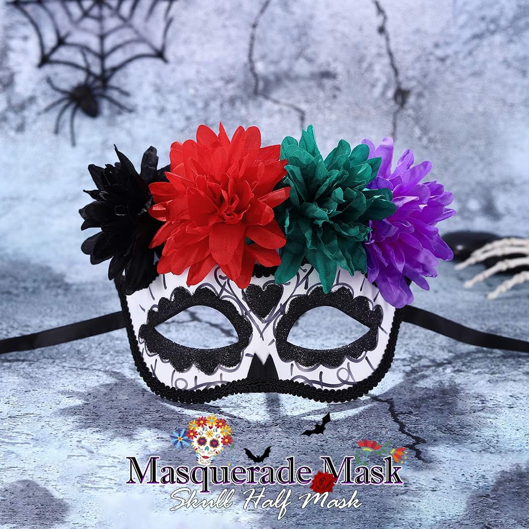 Nicute Masquerade Mask Mexican Day of the Dead Mask for Women Men Sugar Skull Flower Eyemask Fancy Carnival Party Masque