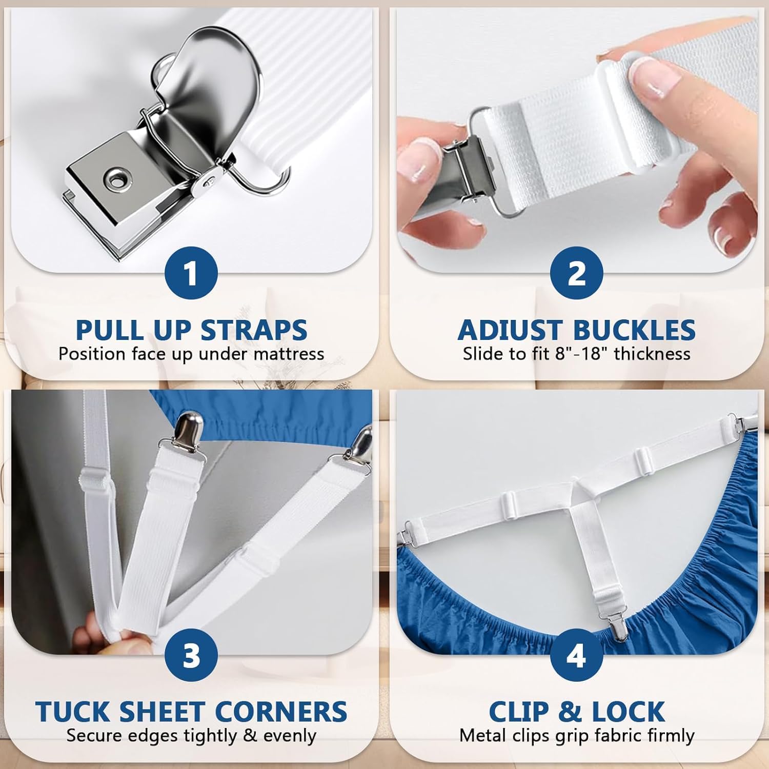 Adjustable Bed Sheet Straps with Metal Clips 4 Pack, Sheet Edge Clamp Holder for Fitted Sheets, Sofa Covers, Tablecloths and Curtains, Heavy Duty Elastic Fasteners White