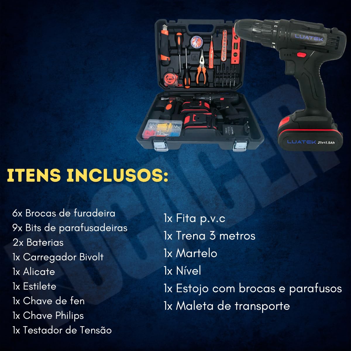 Kit Parafusadeira Furadeira 21v + ferramentas Com Maleta +