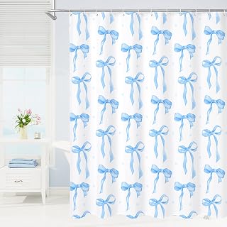 Litabel Cute Bow Shower Curtain, Blue Aesthetic Bowknot Shower Curtain for Bathroom, Modern Minimalist White Waterproof Fabric Shower Curtain Set, 72x72 Inch