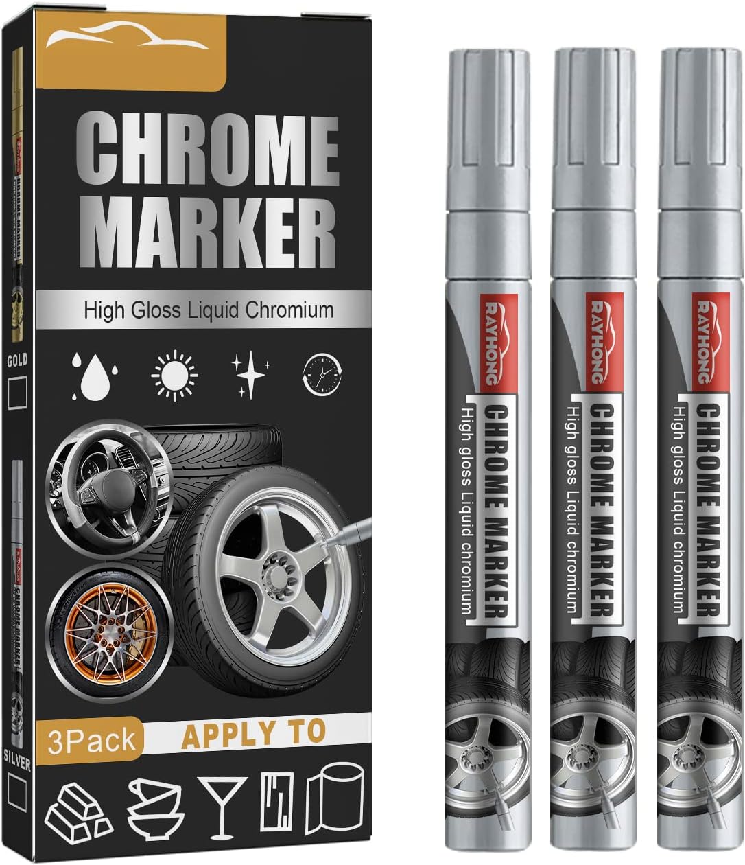 Liquid Mirror Chrome Marker, 3Pcs Chrome Paint Pens, Permanent Art Set for Model Metal Plastic Glass Repair Kit Car Tire DIY Craft, Waterproof Reflective Gloss Metallic Markers Silver