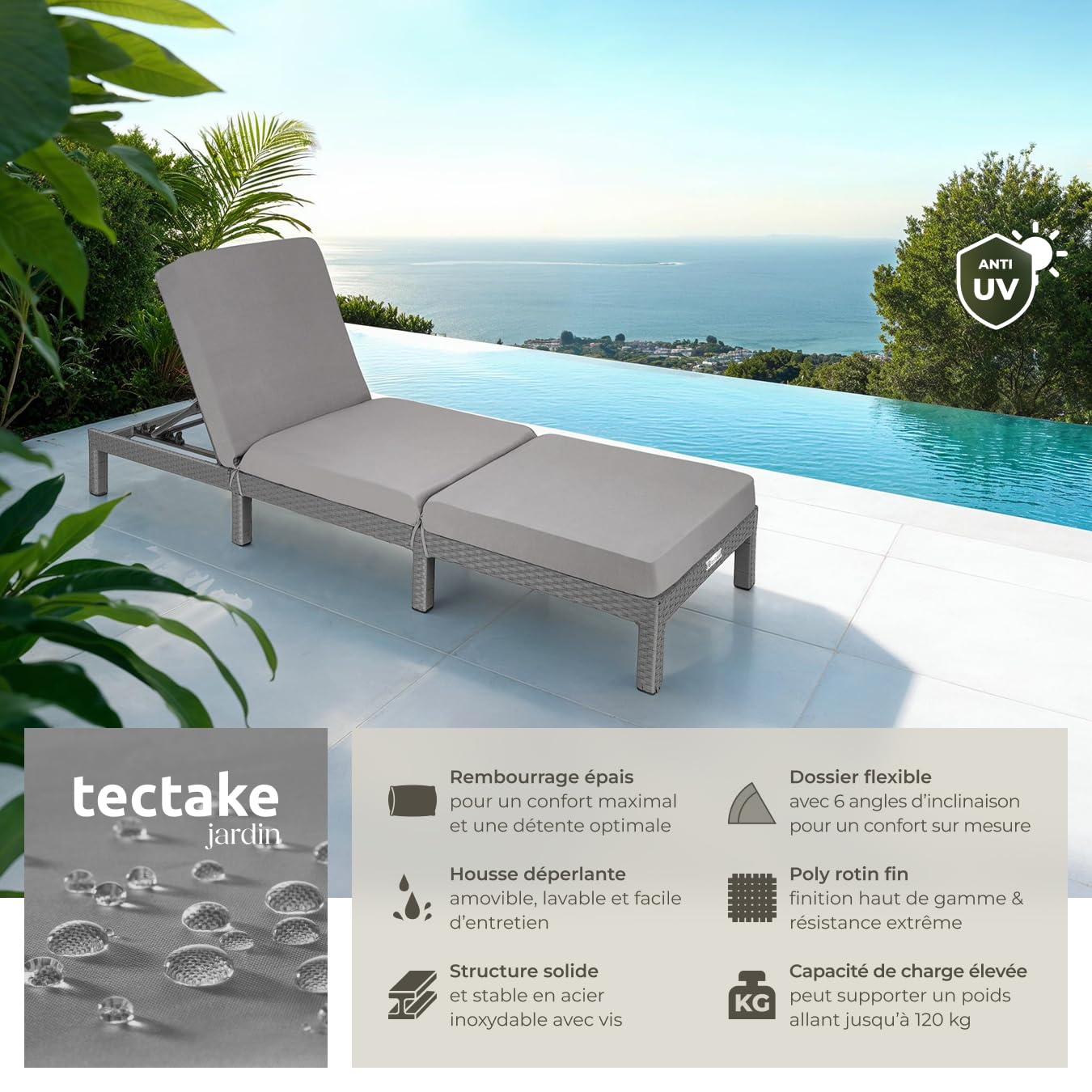 tectake® Chaise Longue Bain de Soleil en Résine Tréssée Acier Résistant Dossier Inclinable sur 6 Positions Transat Salon de Jardin Exterieur Mobilier de Jardin Chaise Longue Piscine Plage
