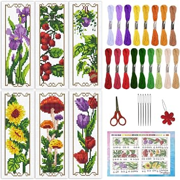 Tqcplfdiddo 6 Set Tulips Cross Stitch Bookmark Kit Sunflower DIY Cross Stitch Kits 8"x2.4" Pre-Printed Mushroom Plant Stamped Embroidery Bookmark Kit with for Beginners Adults Book Lovers Gift