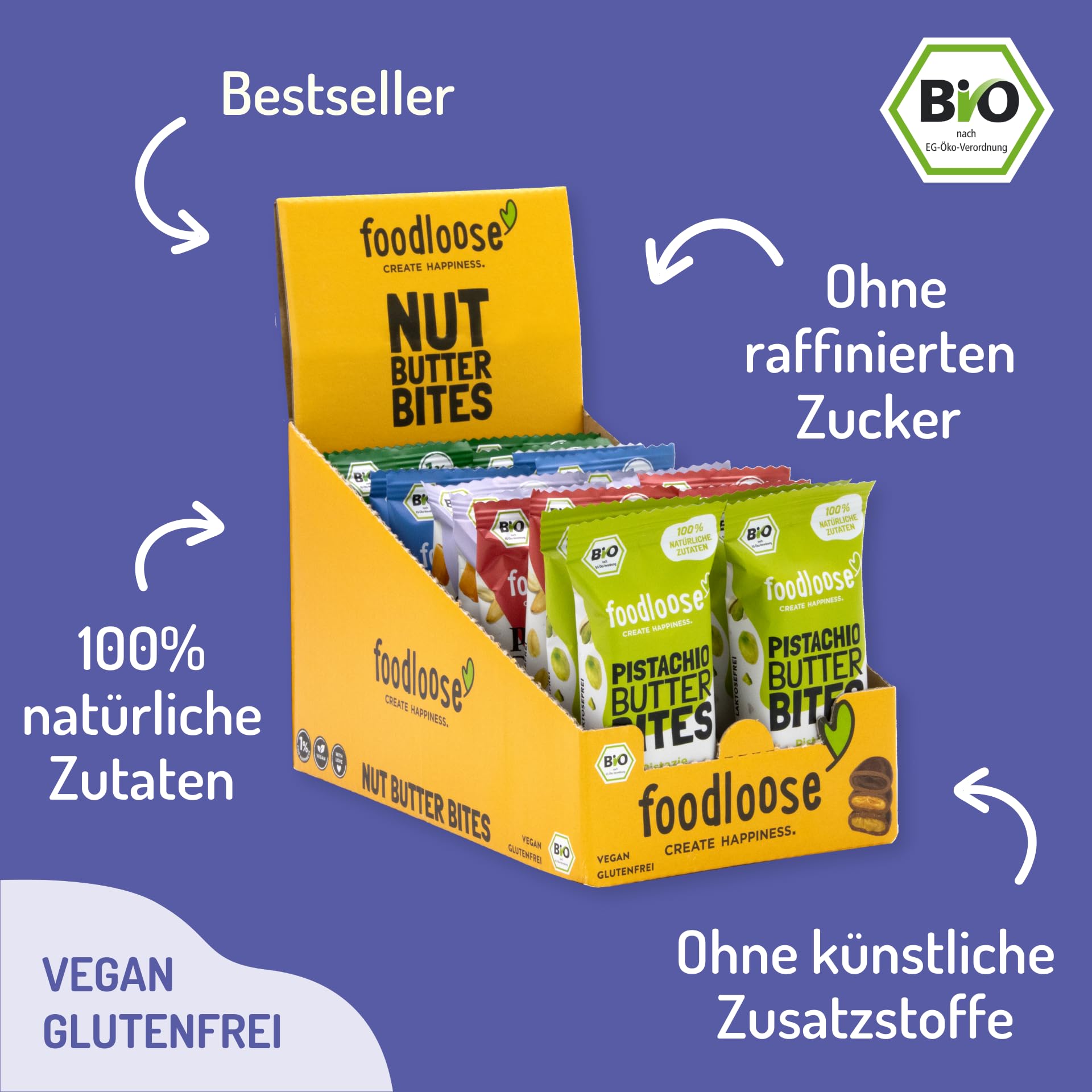 Foodloose Bio-Nut Butter Bites Probierpaket 5 Sorten 20 x 40g Vegan Glutenfrei