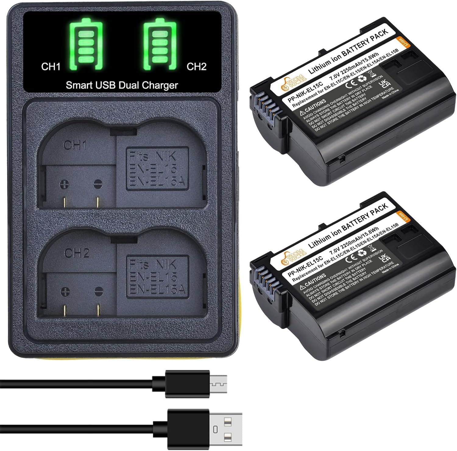 2Pcs 2250mAh EN-EL15C EN-EL15B EN-EL15 Battery and Charger for Nikon Z5, Z6, Z7, Z6II, Z7II, Z8, D780, D500, D600, D610, D750, D850, D7000, D7100, D7200, D7500, D800, D810, D810A