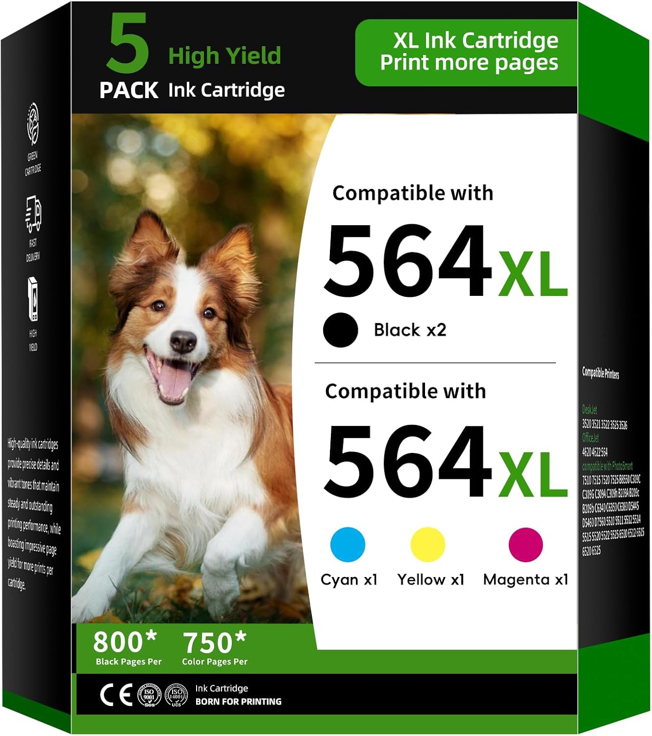 564XL Ink Cartridge 5-Pack Replacement for HP 564 Combo Pack Compatible with HP DeskJet 3520 3522 Photosmart 7520 6520 5520 7525 5514 7510 OfficeJet 4620 Printer Ink(5PK Black Cyan Magenta Yellow)