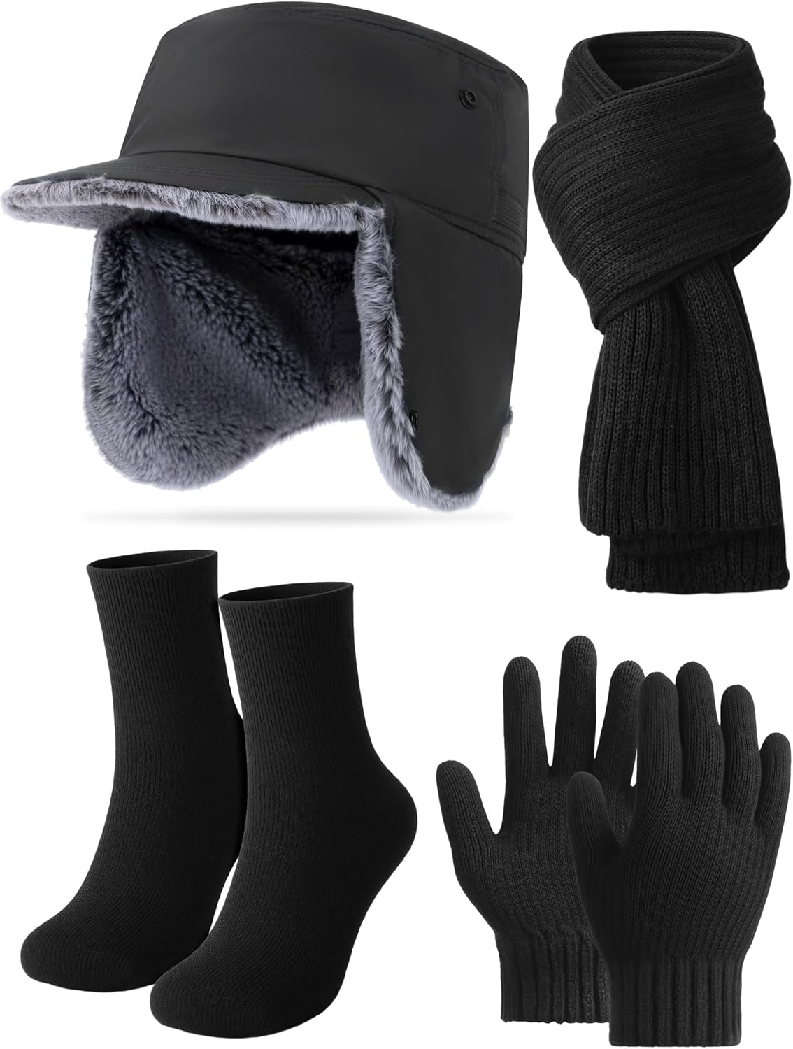 4 Pcs Winter Hat Scarf Glove Sock Set for Men Waterproof Plush Adjustable Earflaps Cap Glove Warm Scarf Sock for Men Women Outdoor