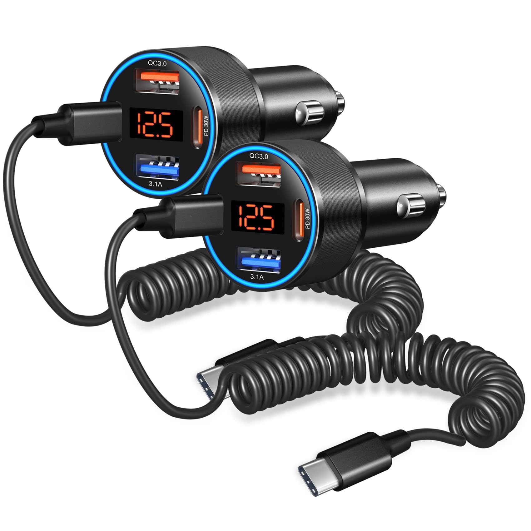 65W 4-Port Super Fast Car Charger Type C for Galaxy S25 S24 S23 Ultra S22 S21 A16 A53 A54 PD/QC3.0 Android Car Phone Charger USB C Cigarette Lighter Voltage Meter Adapter+5FT Type C Coiled Cable