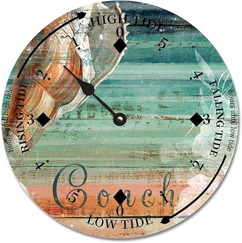 Vintage Conch Tide Clock Ocean Time Nautical Wood Tidal Clock with High Tide Low Tide Non-Ticking Tide Clock 10in Wall Tide Movement Clock for Wall