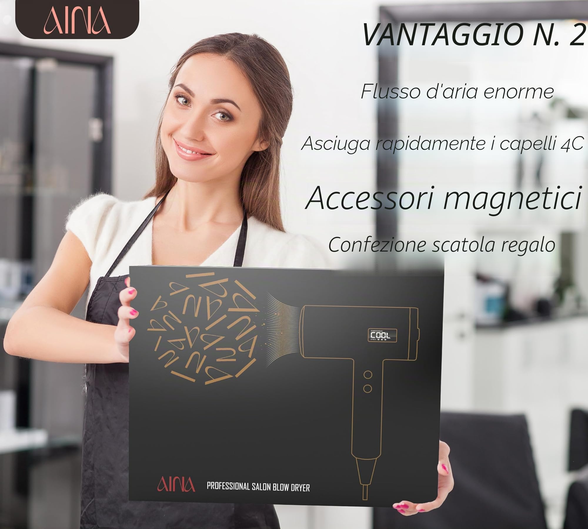 AINA Asciugacapelli professionale (nuova tecnologia), 2300 W, con diffusore, pettine a spazzola per donne, motore BLDC brushless 150.000 giri/min, ionico, indicatore LED, 4 accessori magnetici, 230 V